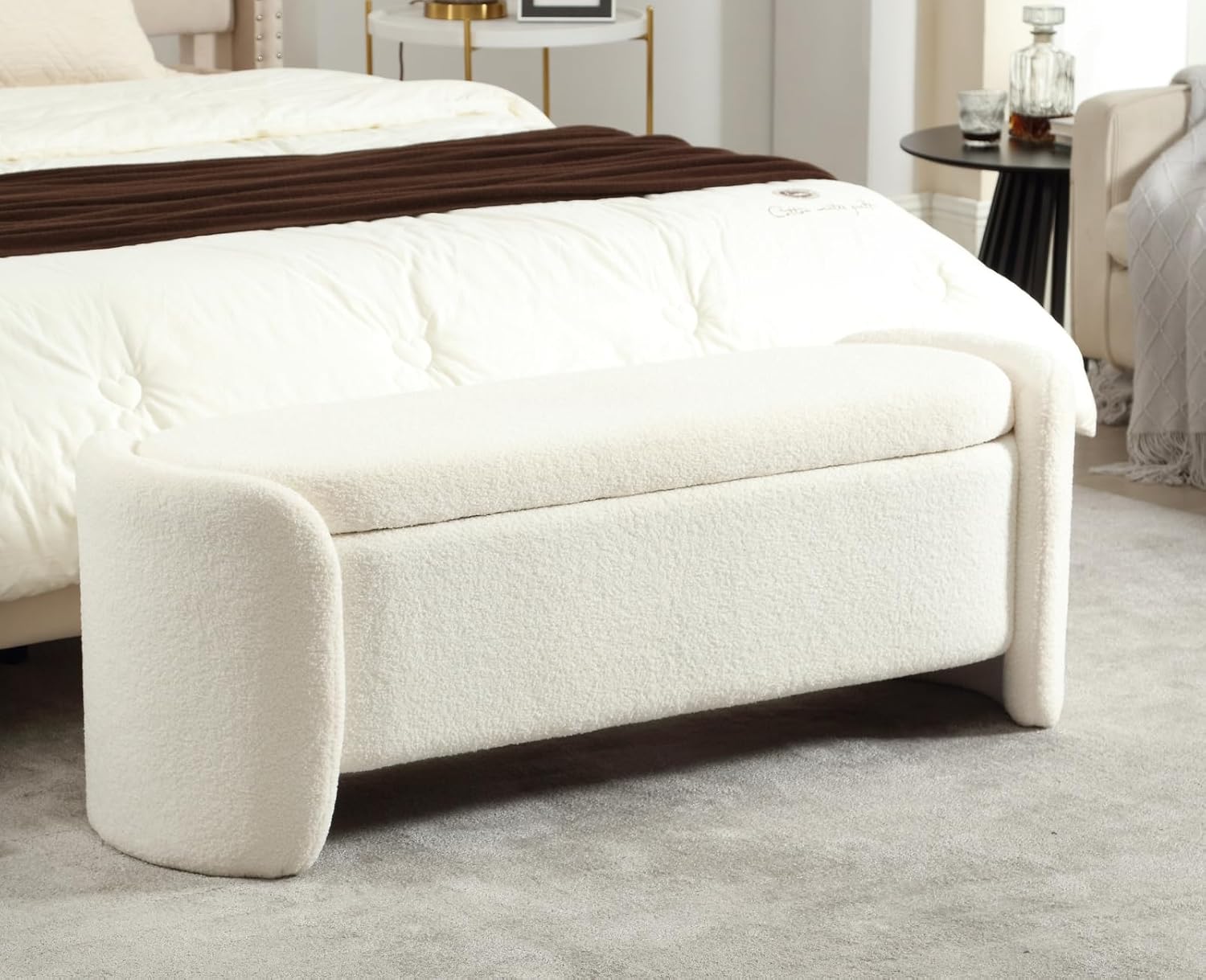 Shunzhi Modern White Storage Bench, Upholstered Boucle