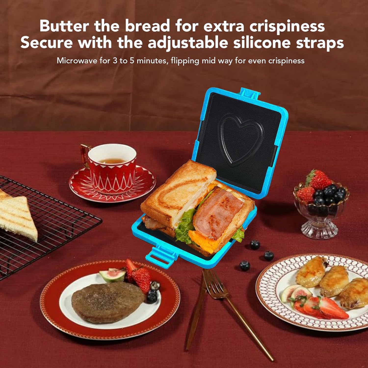 Microwave Toastie Maker, Silicone Microwave Toaster Sand with Maker with Heart Pattern, Microwave Sandwich Maker Panini Press, Grilled Cheese Maker, for Cooking Breakfast (Blue)
