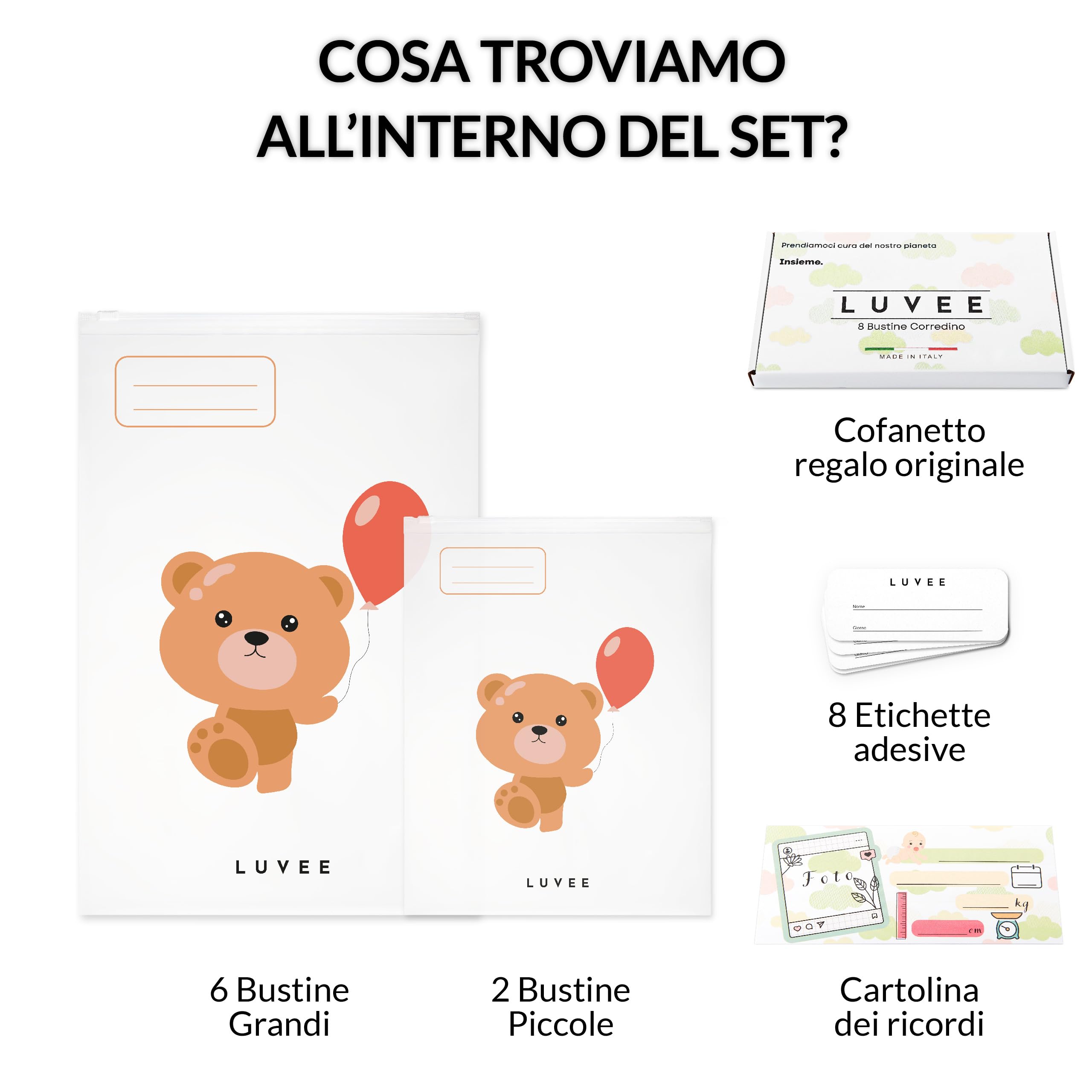 LUVEE Corredino Neonato Ospedale UNISEX 8 Bustine con Etichette Adesive Made in Italy Sacchetti Cambio Riutilizzabili