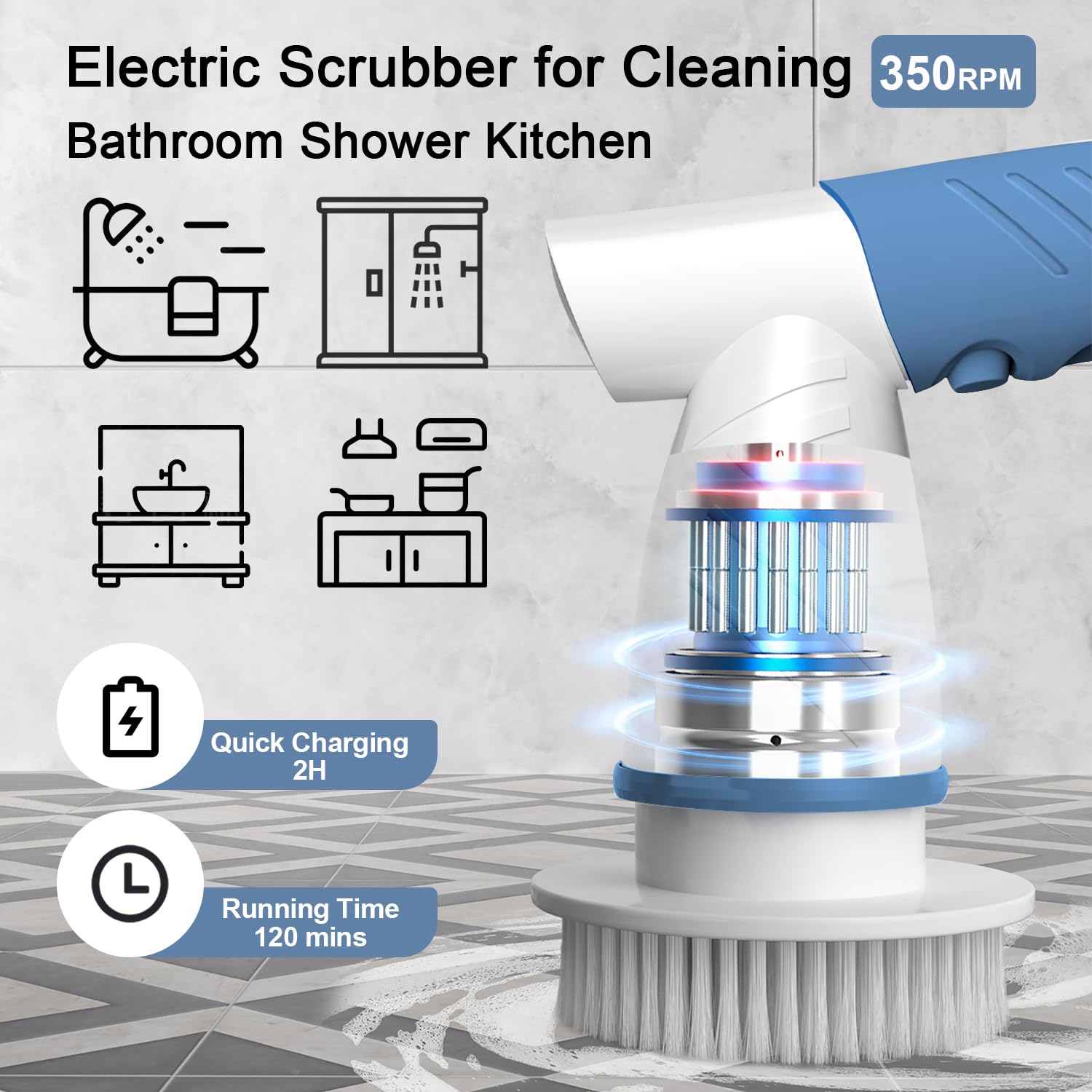 IEZFIX - Cepillo de Limpieza eléctrico Giratorio para baño, Ducha, Cepillo Limpiador inalámbrico con 4 Cabezales de Cepillo reemplazables para bañera, Azulejos, Suelo, Inodoro, Cocina, Color Azul