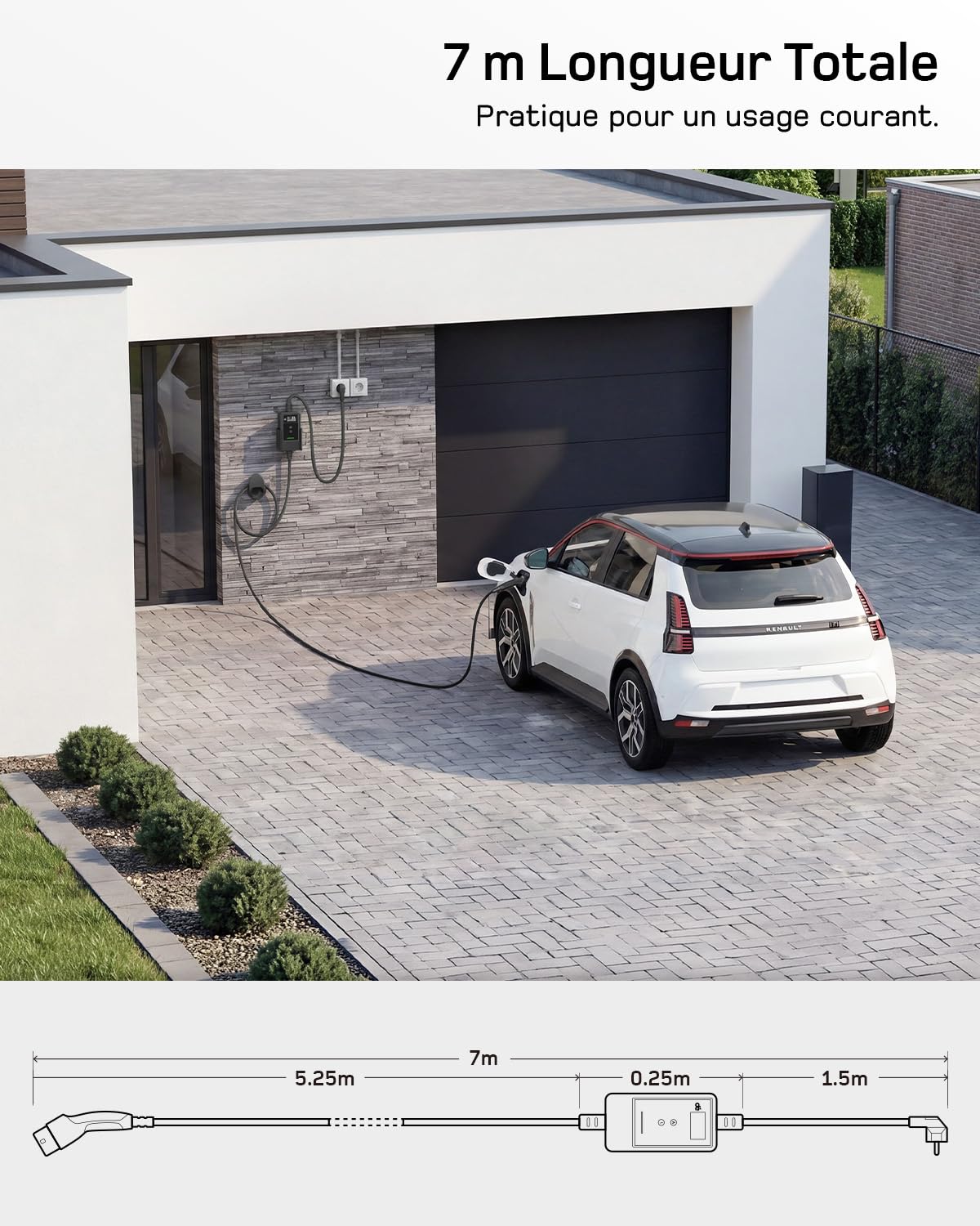 dé Chargeur Voiture Electrique APP 3,7kW [7m, 6/8/10/13/16A] Cable Recharge Voiture Electrique Type 2 avec Support Mural, Numérique LCD, Compatible avec E-208, Model Y, E-Tech, 500e et Autres EV/PHEV