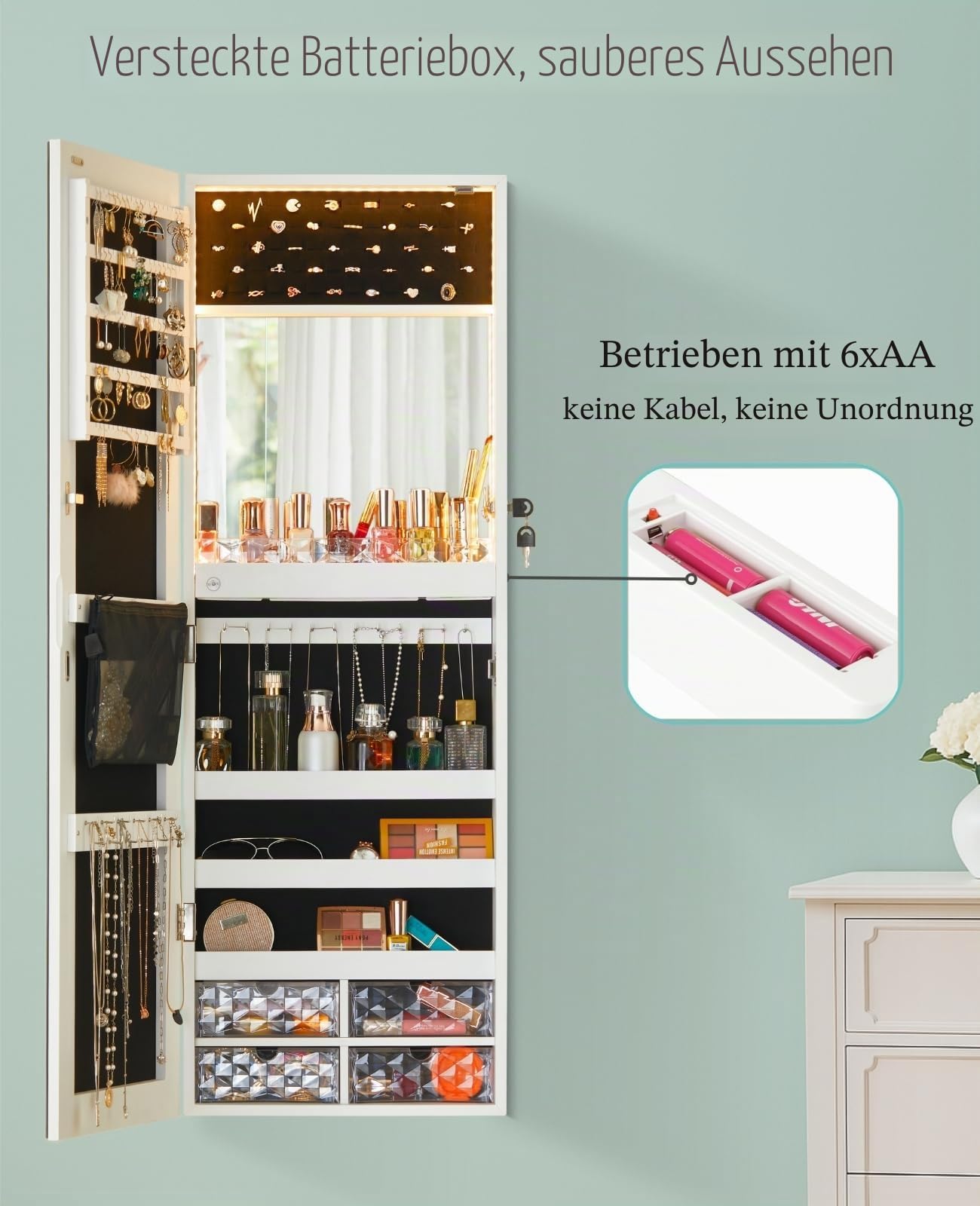 LUXFURNI 107cm Höhe Spiegel Schmuckschrank Hängend, Schmuckaufbewahrung Wand, Einbau-‌Make-up-Spiegel, 4 Schubladen Schmuckspiegel, Weiß