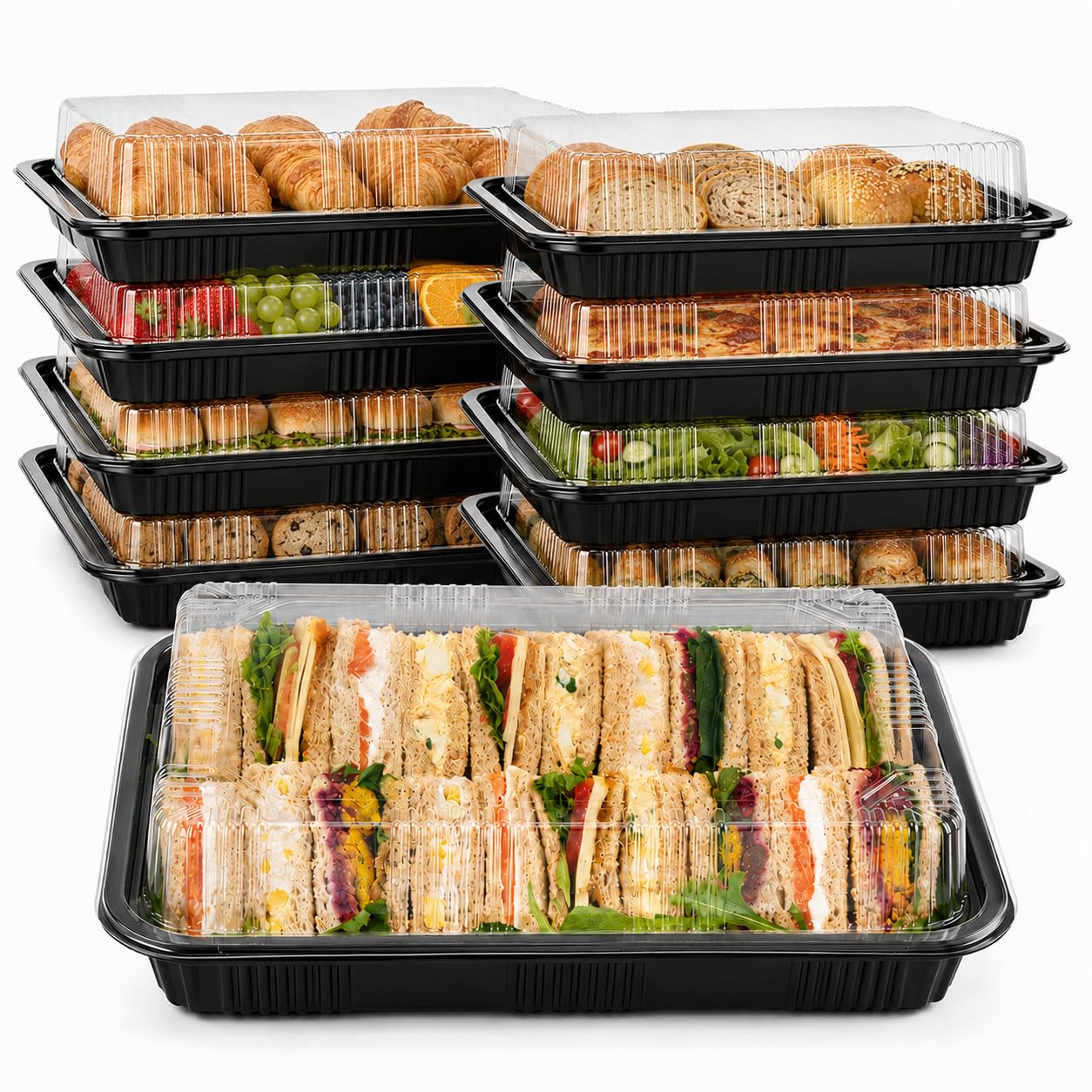 ZhuiGuang 15 Pack Large Sandwich Platter Trays with Lids, Black Plastic Serving Platters for Parties, Buffet Catering, Cake and Sushi, 26.3 x 19.7 x 6.8 cm