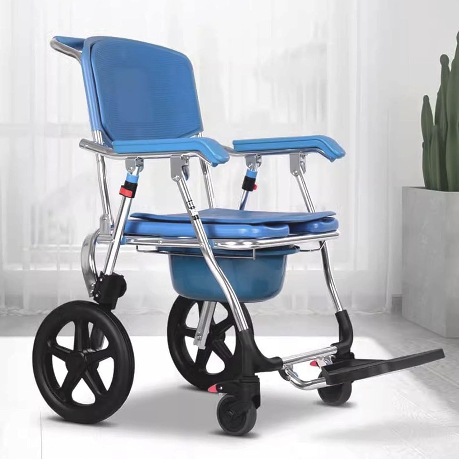 Silla Ducha WC con Ruedas Plegable, Silla de Ducha con Ruedas para Personas Mayores, Cubeta Extraíble, Silla Inodoro y Ducha con Reposabrazos y Respald, Impermeable y Antideslizante