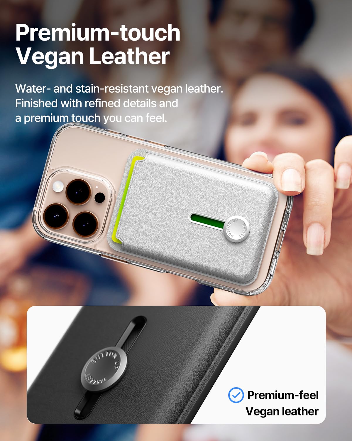 Sinjimoru MagSafe Wallet, Magnetische Kartenhalterung für bis zu 3 Karten mit Schnellzugriff per Knopfschieber, kompatibel mit iPhone 12–17, M-Viica Button Wallet Karbon Schwarz