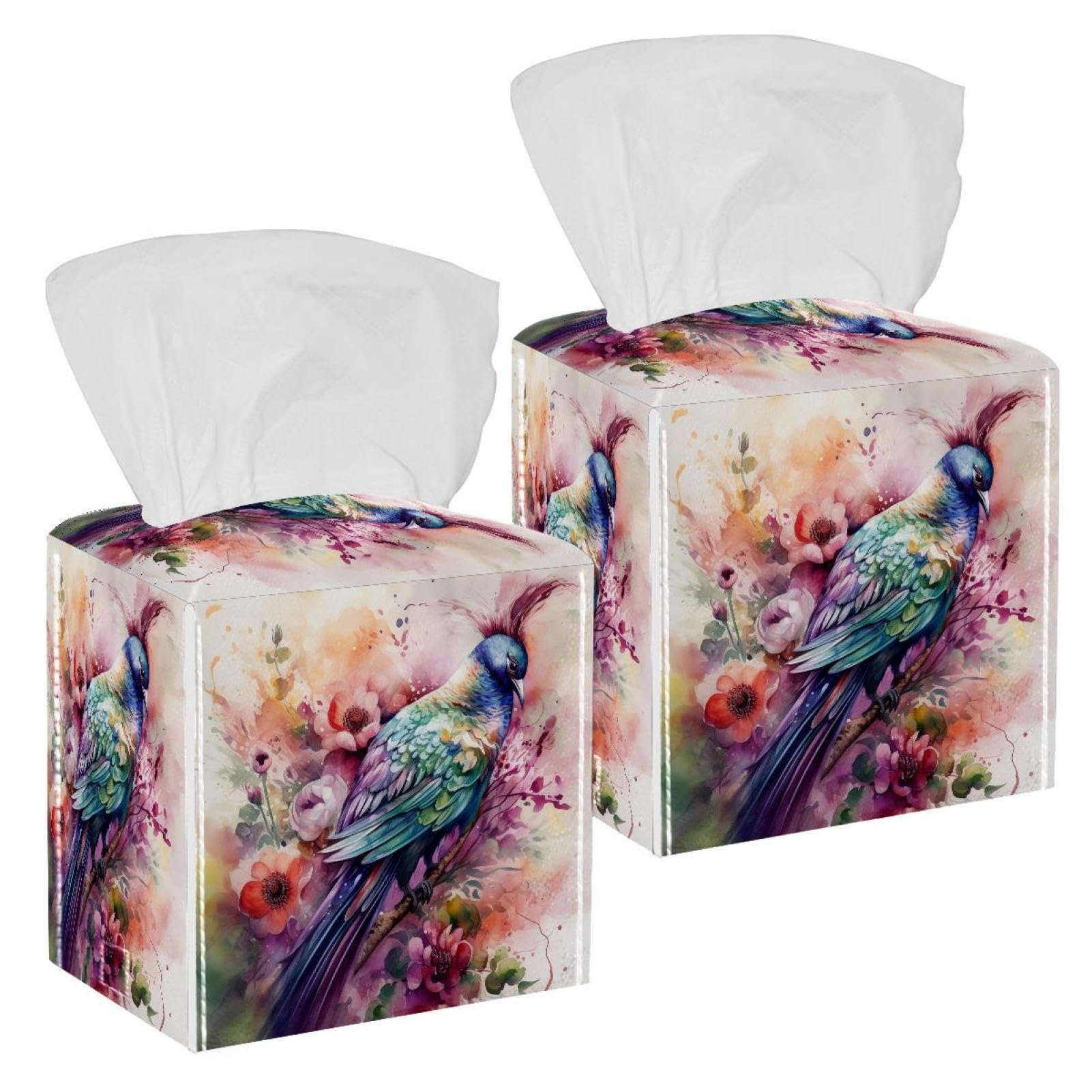 Watercolor Bird Tissue Box Cover, 2 Pack PU Leather Square Facial Tissue Dispenser Box holder for Home Office Car