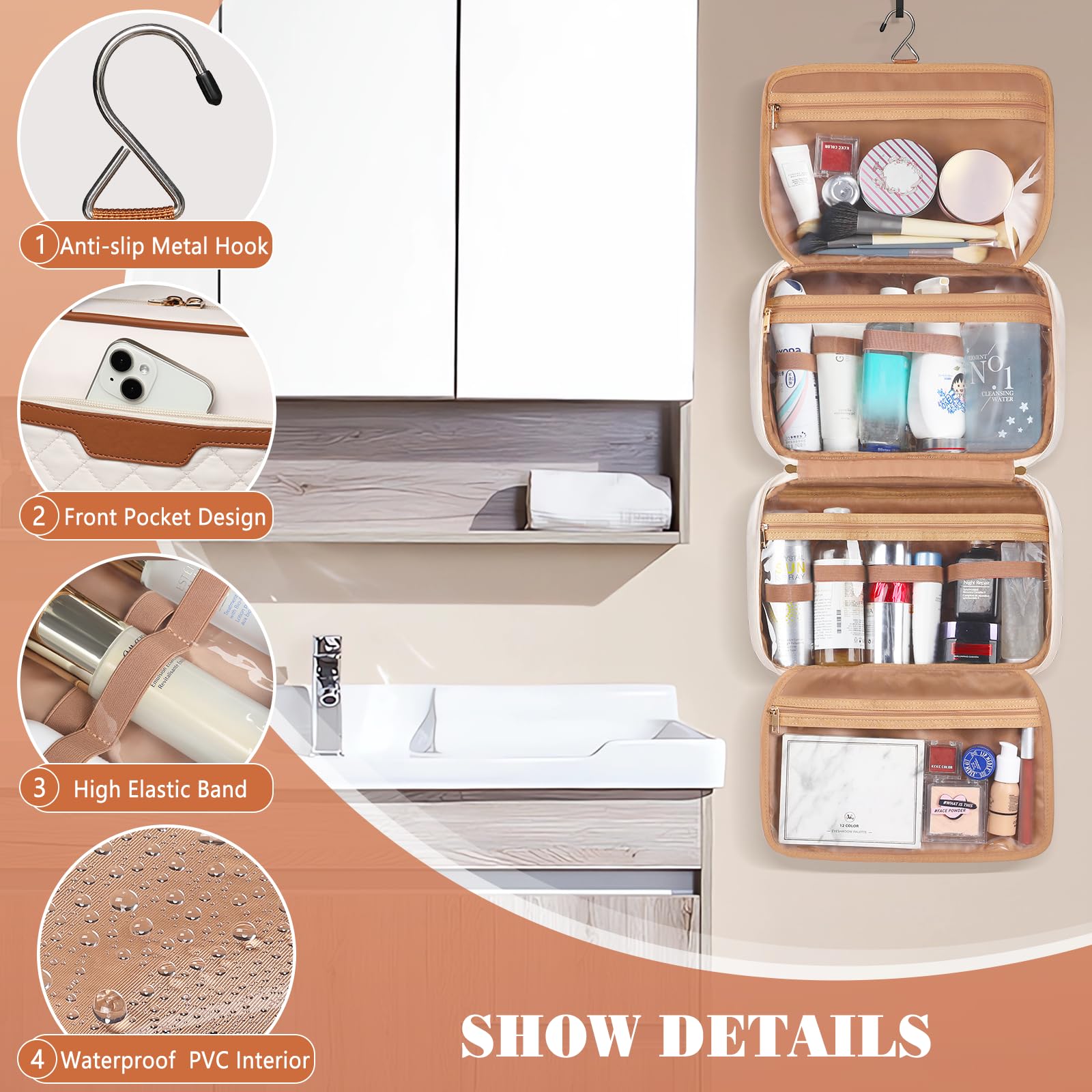 Neceser de Viaje para Mujer, Organizador de artículos de tocador de Viaje para artículos de tocador de tamaño Completo, Bolsa de Viaje portátil Resistente al Agua con Gancho para Colgar y 4