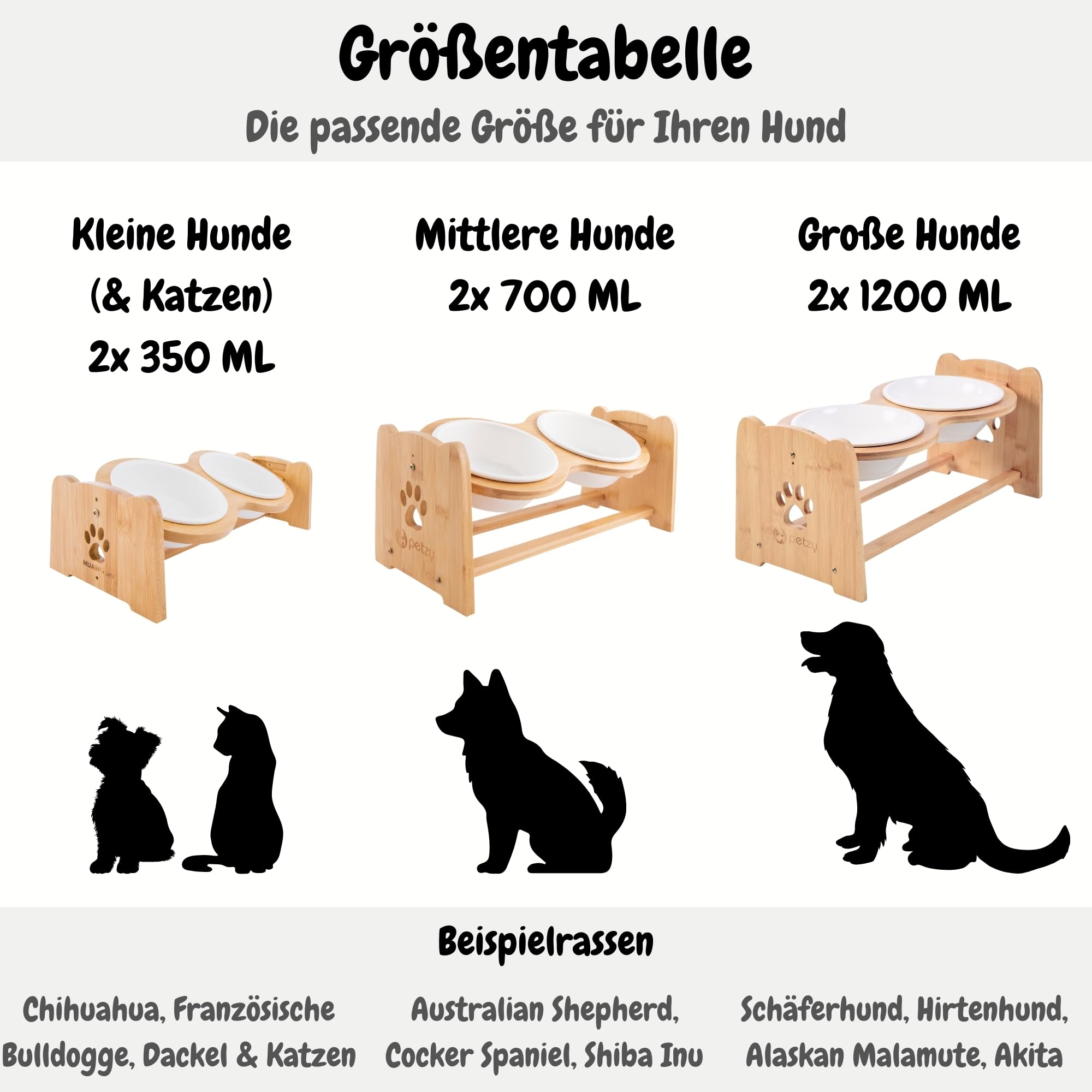 Petzy Premium Keramik-Hundenapf, höhenverstellbarer Katzennapf, 350 ml pro Napf. Ideal für kleine Hunde, mit Rutschfester Unterlage und Futternapf aus Bambus.