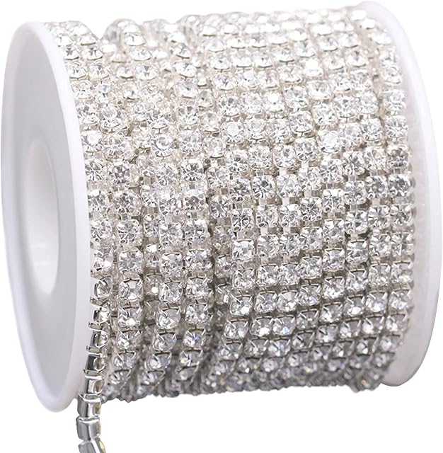 LABOTA 14 Yards 2.5mm Clear Crystal Rhinestone Close Chain Trimming Claw Chain Jewelry Crafts DIY (Silver)