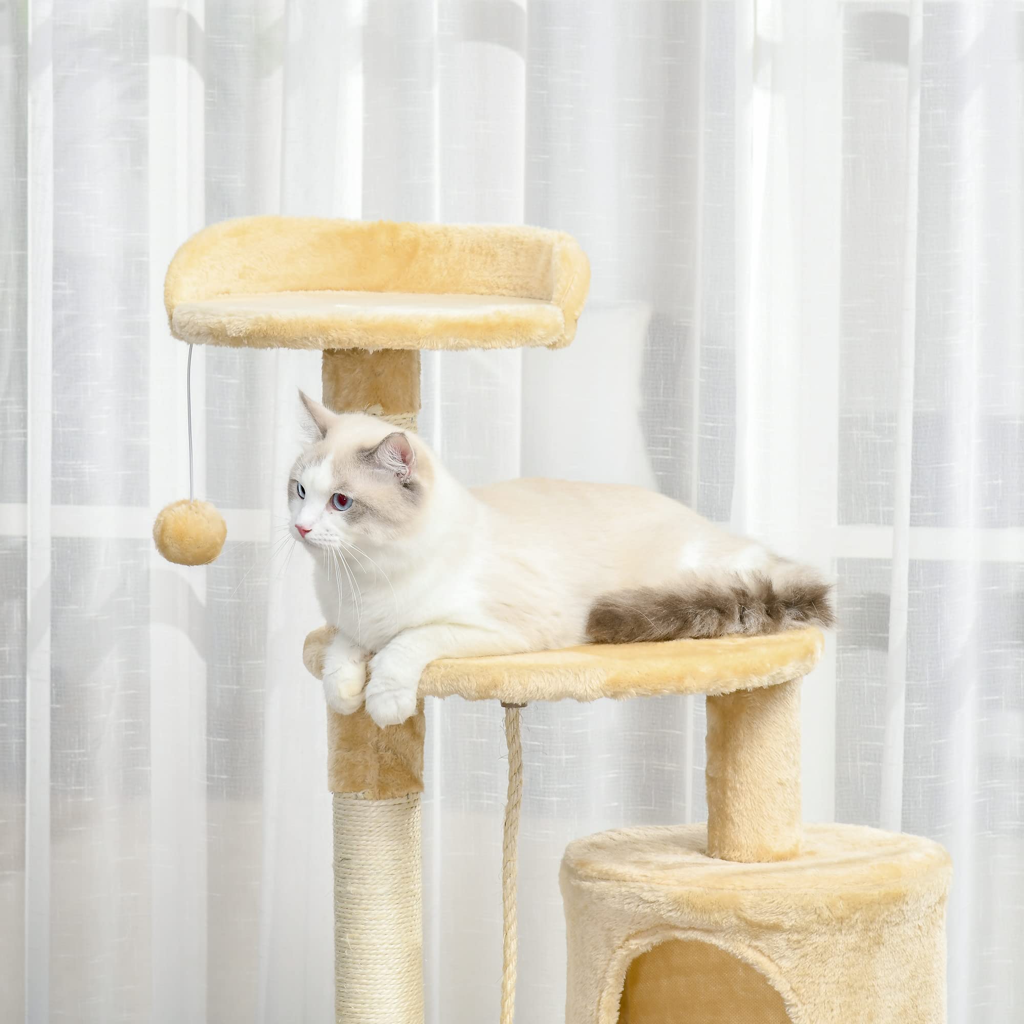 PawHut Arbre à Chats Multi-équipements griffoirs grattoirs Plateformes Niche Corde Jouets 40L x 40l x 114H cm Beige