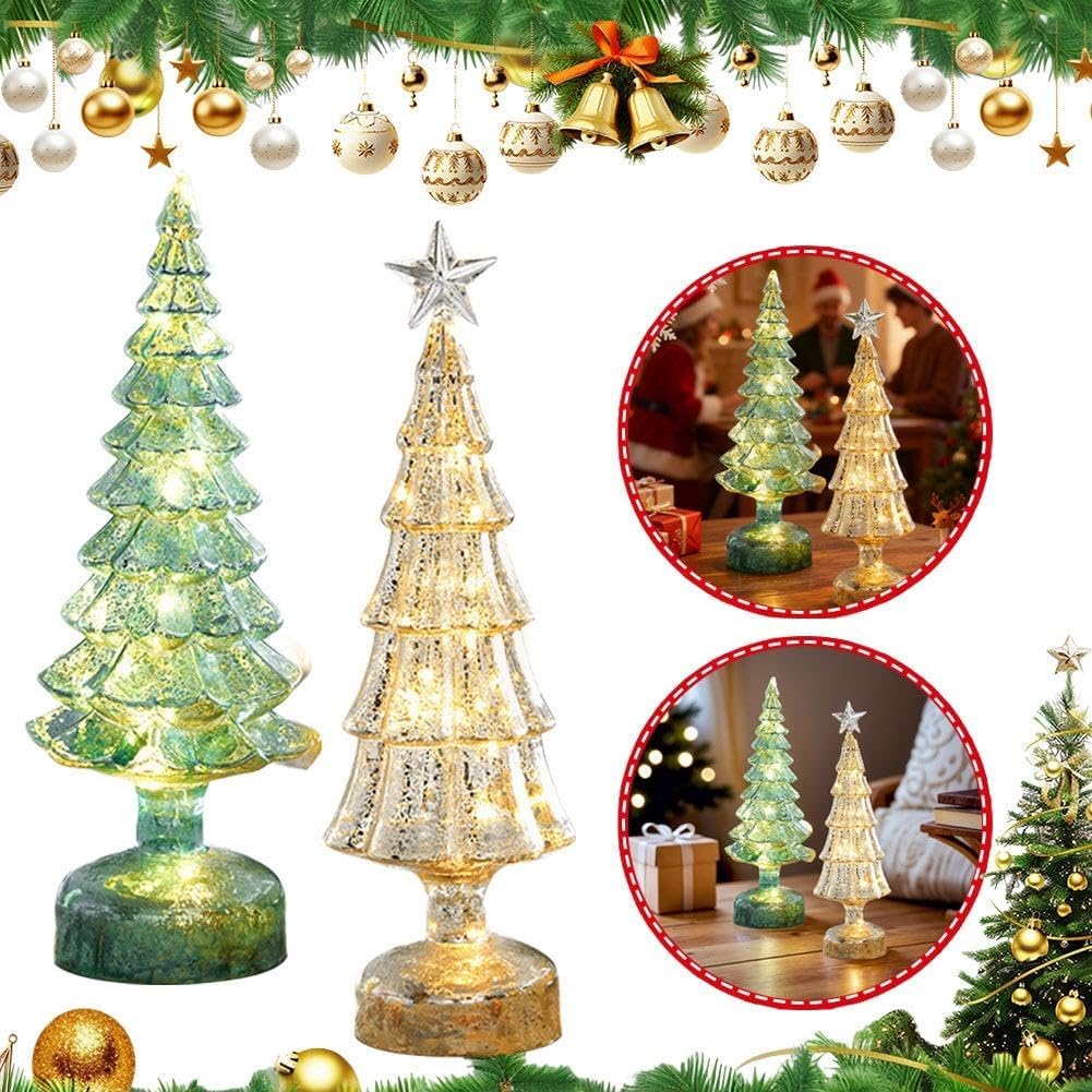 Árbol de Navidad de cristal de mercurio LED, funciona con pilas con temporizador, decoración de mesa iluminada para centro de mesa de vacaciones, 10.6 pulgadas