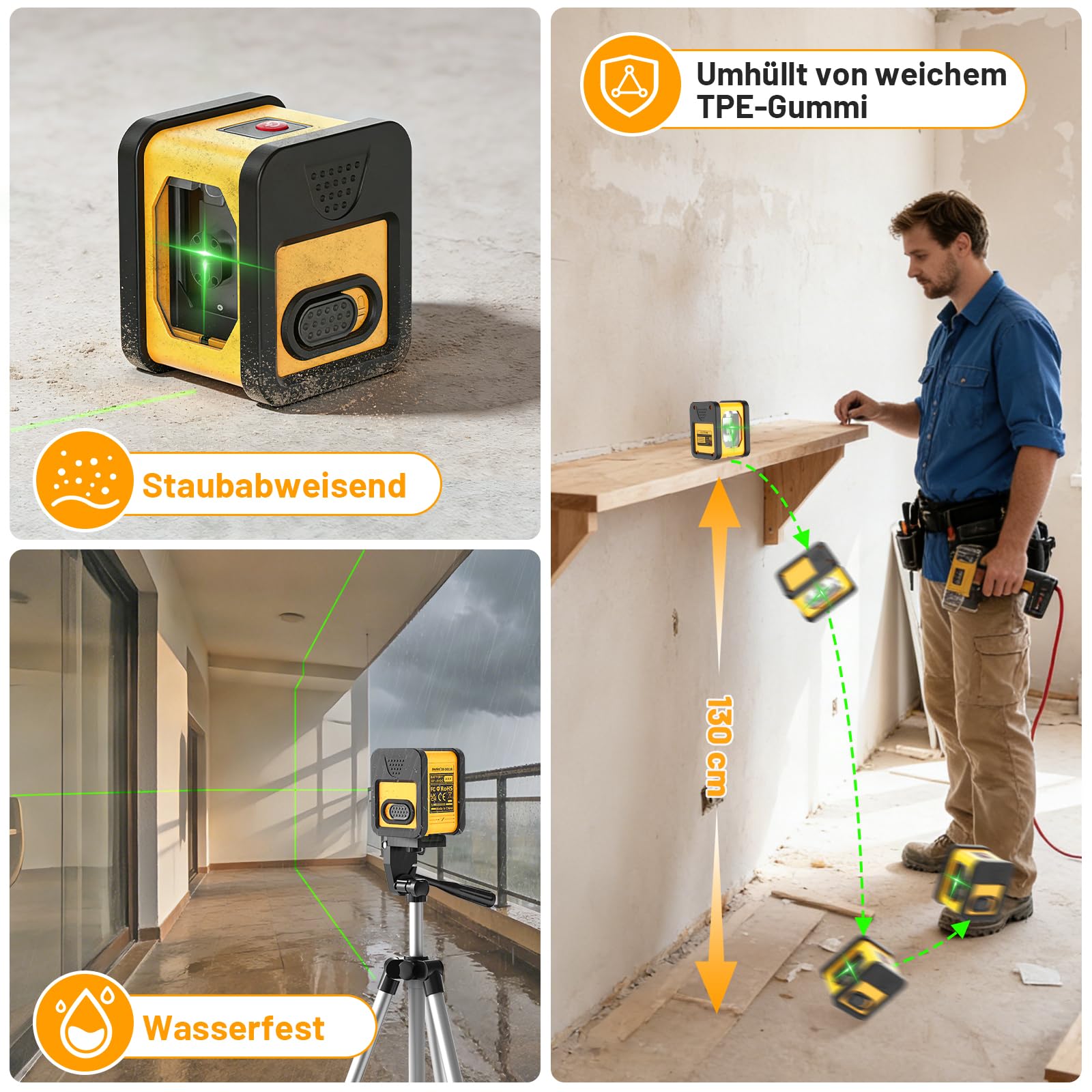 Nivel de burbuja láser con trípode de 1 m, modo pulso, 50 m, láser de líneas cruzadas autonivelante, láser de líneas verticales y horizontales para obras y decoración de interiores, 3 pilas