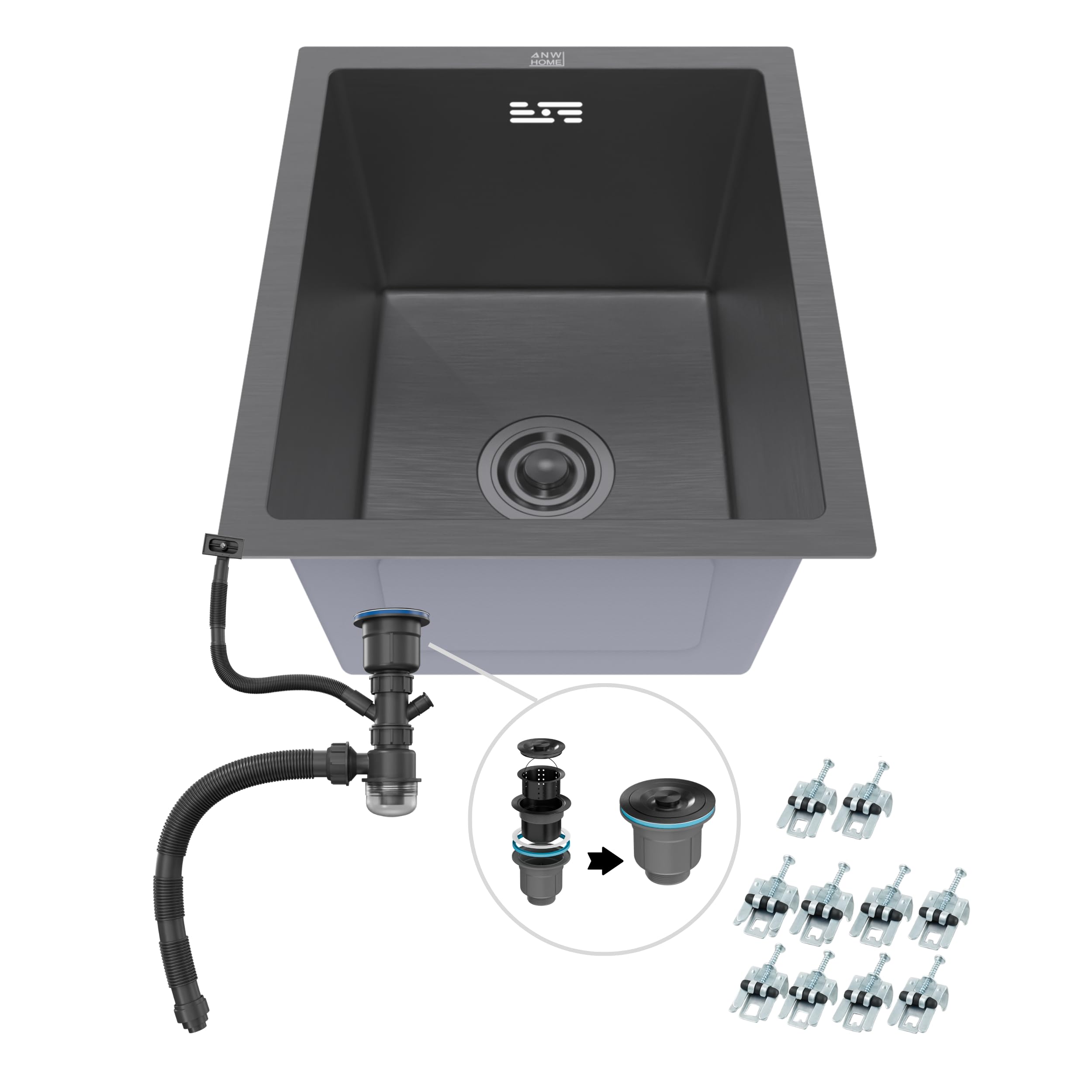 ANW HOME Lavello Cucina 1 Vasca Lavandino Cucina Acciaio Inox 304, Lavello da Incasso o Sottotop 37x45 cm Grafite PVD, Rivestimento Nano, Spessore 3,0+1 mm, Profondità 22 cm, con Sifone