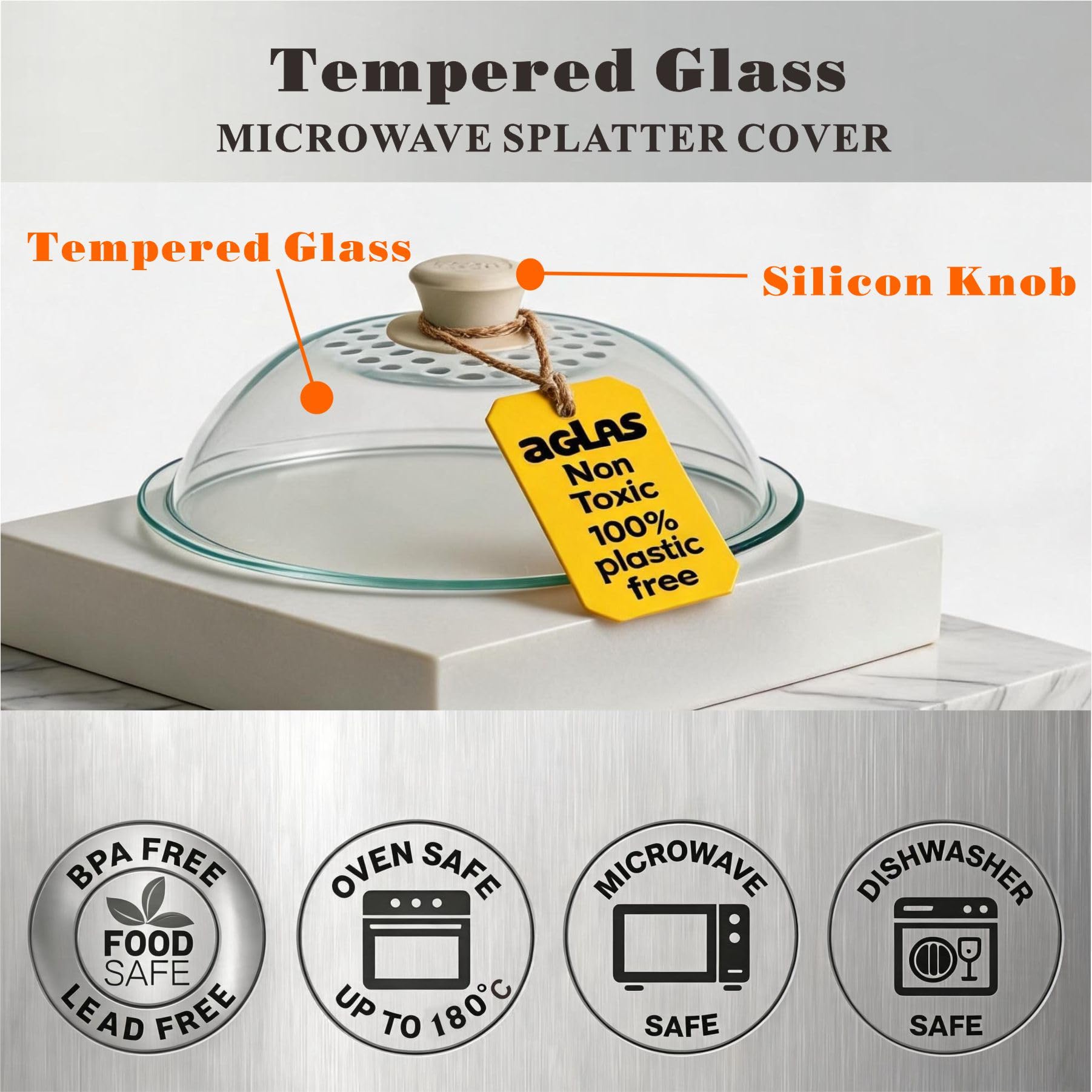 AGLAS - Copertura per microonde in vetro temperato leggero – 293 mm (interno 266 mm)/11,5" (diametro interno 26,5 cm) – resistente al calore – coperchio in vetro resistente con sfiato