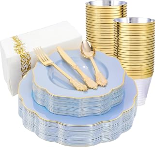 NOCCUR 175PCS Blue Plastic Plates with Gold Disposable Silverware - Include 50 Light Blue and Gold Plastic Plates,25 Knives,25 Forks,25 Spoons,25 Cups and 25 Napkins - Baby Shower/Party/Spring/Wedding