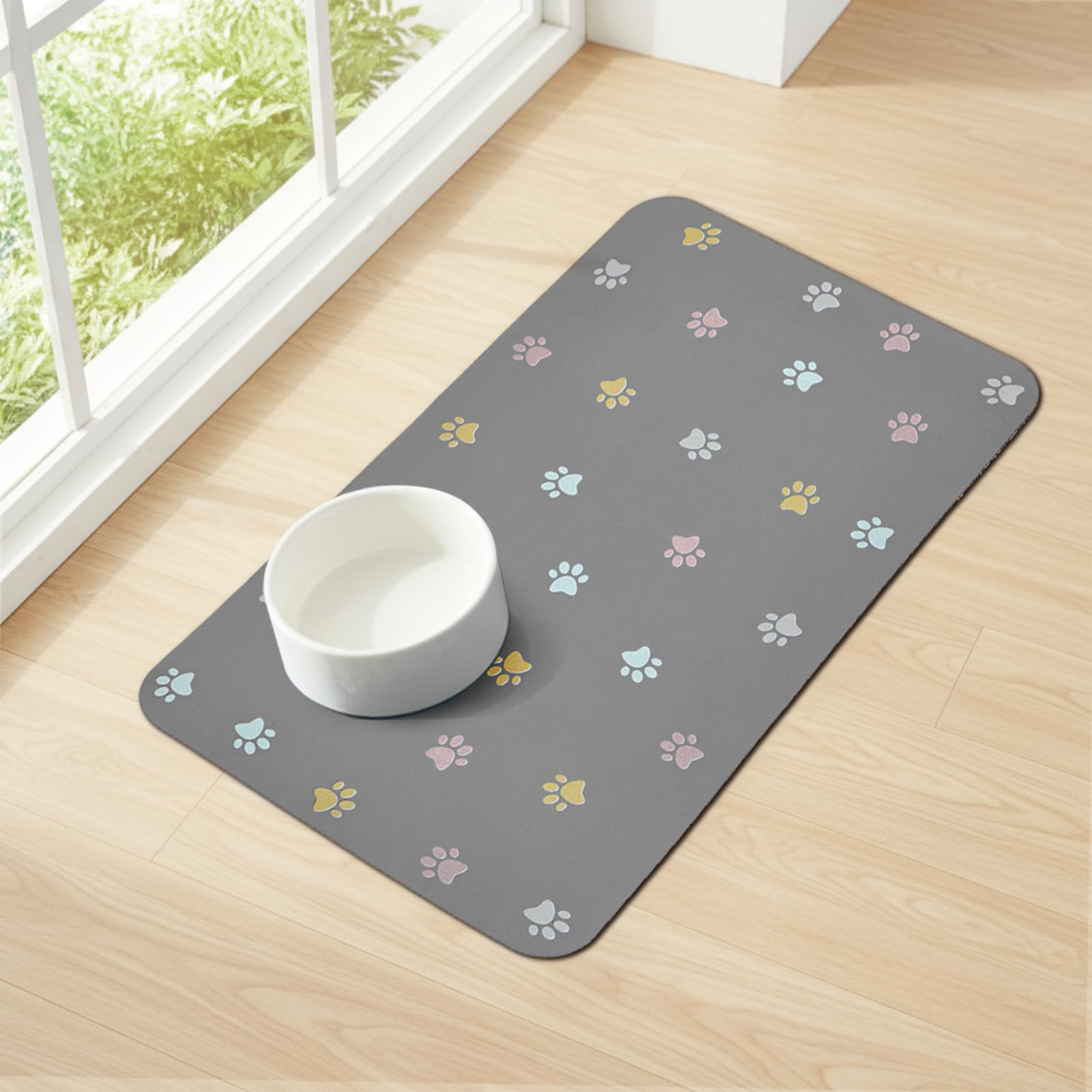 Yetstock Cat Food Mat Absorbent Dog Mat for Food and Water Non Slip Quick Dry Dog Bowl Mats for Floors 19" X 12" Paw Light Gray
