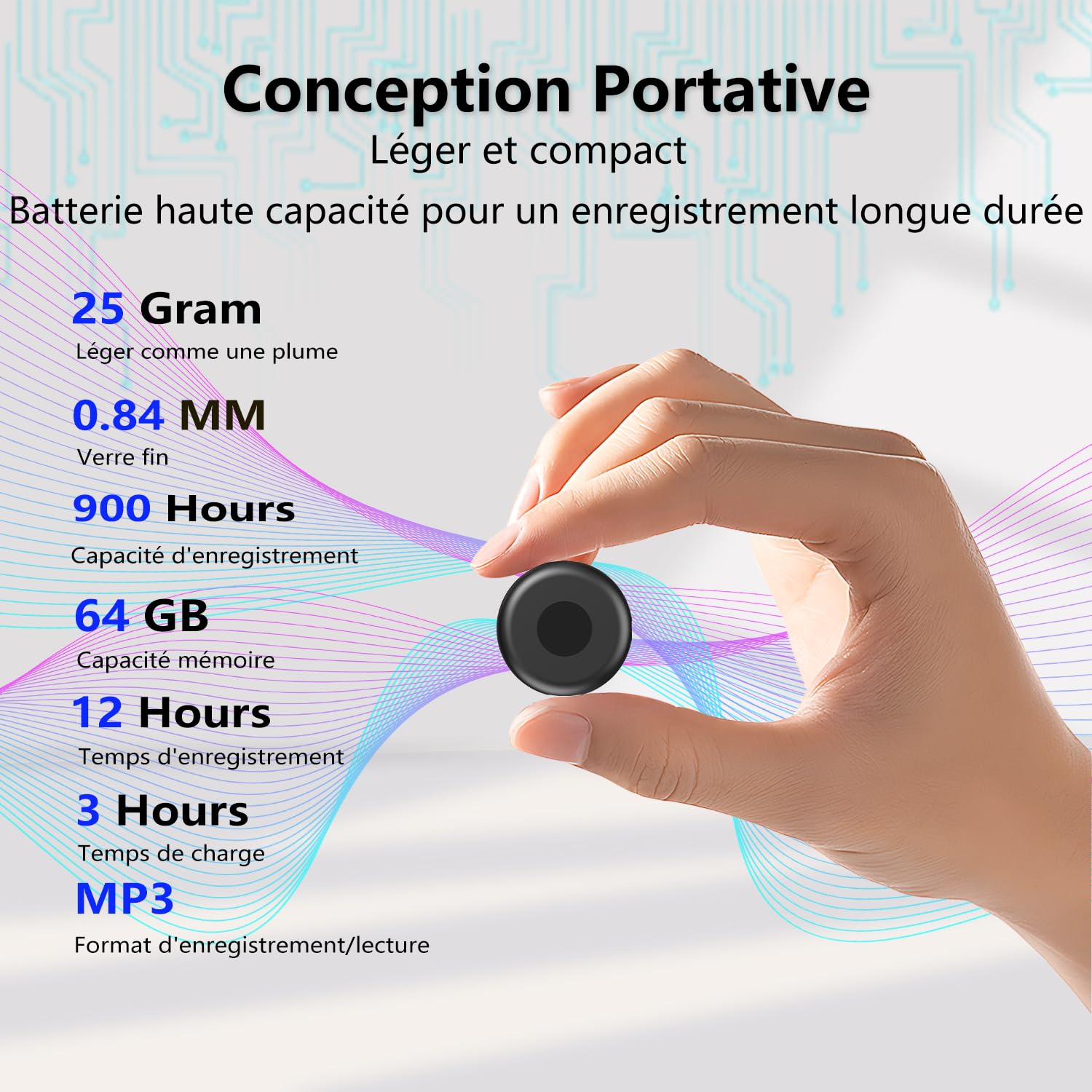 Enregistreur Vocal Espion, Rechargeable par USB, Mémoire 64 Go, Dictaphone Vocalet Activation, Dictaphone Enregistreur Vocal pour Cours, Réunions, Entretiens