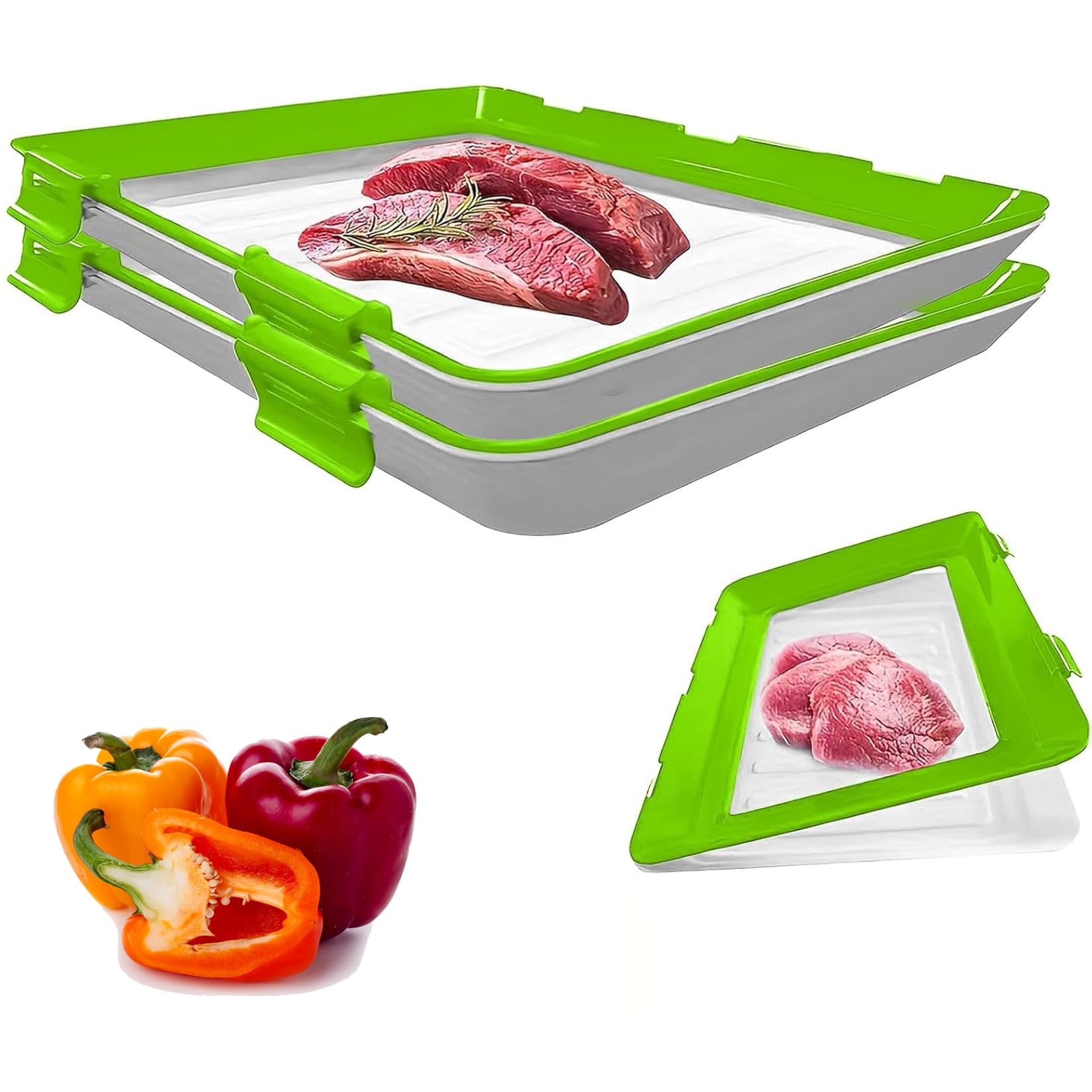 Vacuum Seal Food Storage Tray – Stackable Reusable Fresh Container with Buckle & Stretch Lid, BPA-Free Fridge Saver – 30×23cm, 1/2/3/4-Pack Options (Green 2-pack) — image 1