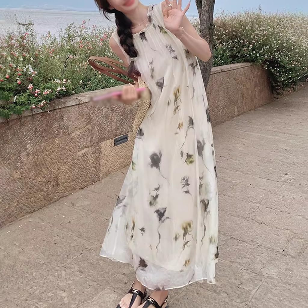Abito da Spiaggia con Stampa Floreale A Inchiostro Francese, Abito Lungo Estivo Ampio Senza Maniche Linea A, Scollo Tondo con Volant