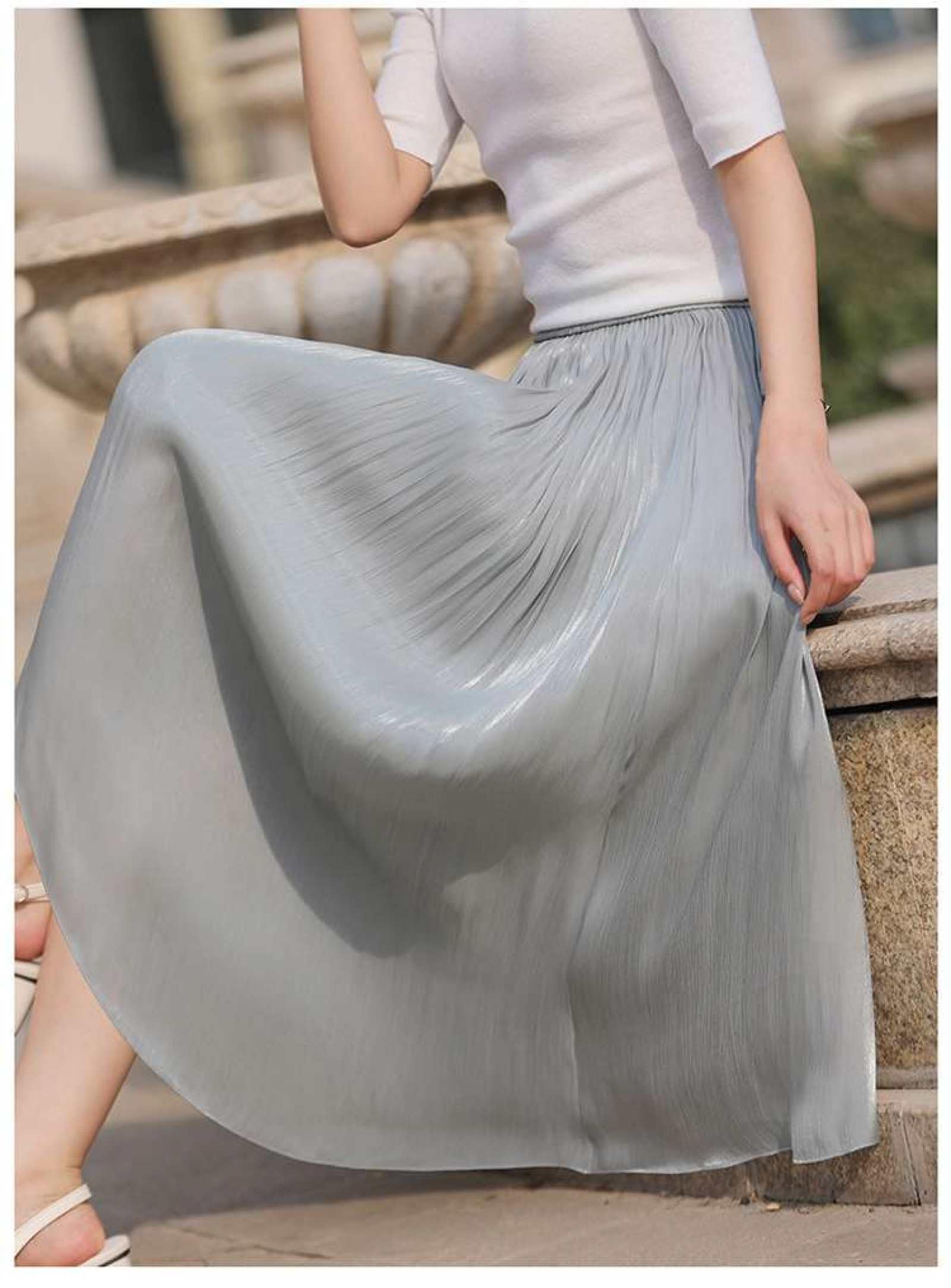 Jupe Taille Haute en Satin De Soie pour Femme - Jupe Trapèze en Maille De Couleur Unie pour L'Été Jupe Mi-Longue Polyvalente Jupe Parapluie Élancée, Jupe Drapée Douce Et Soyeuse À La