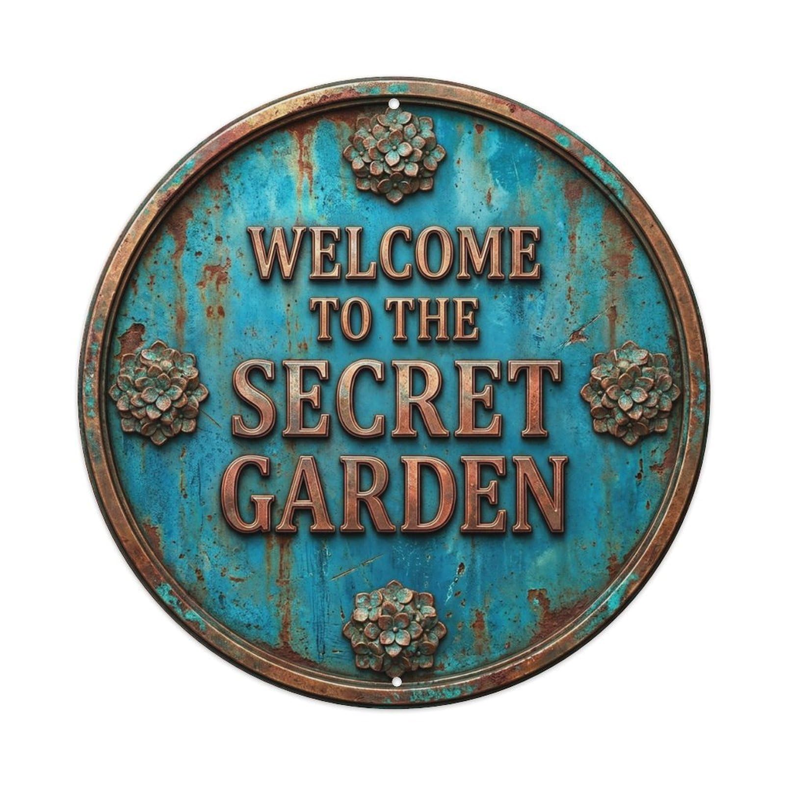 Vintage Welcome Secret Garden Copper Cerulean Patina Metal Tin Sign