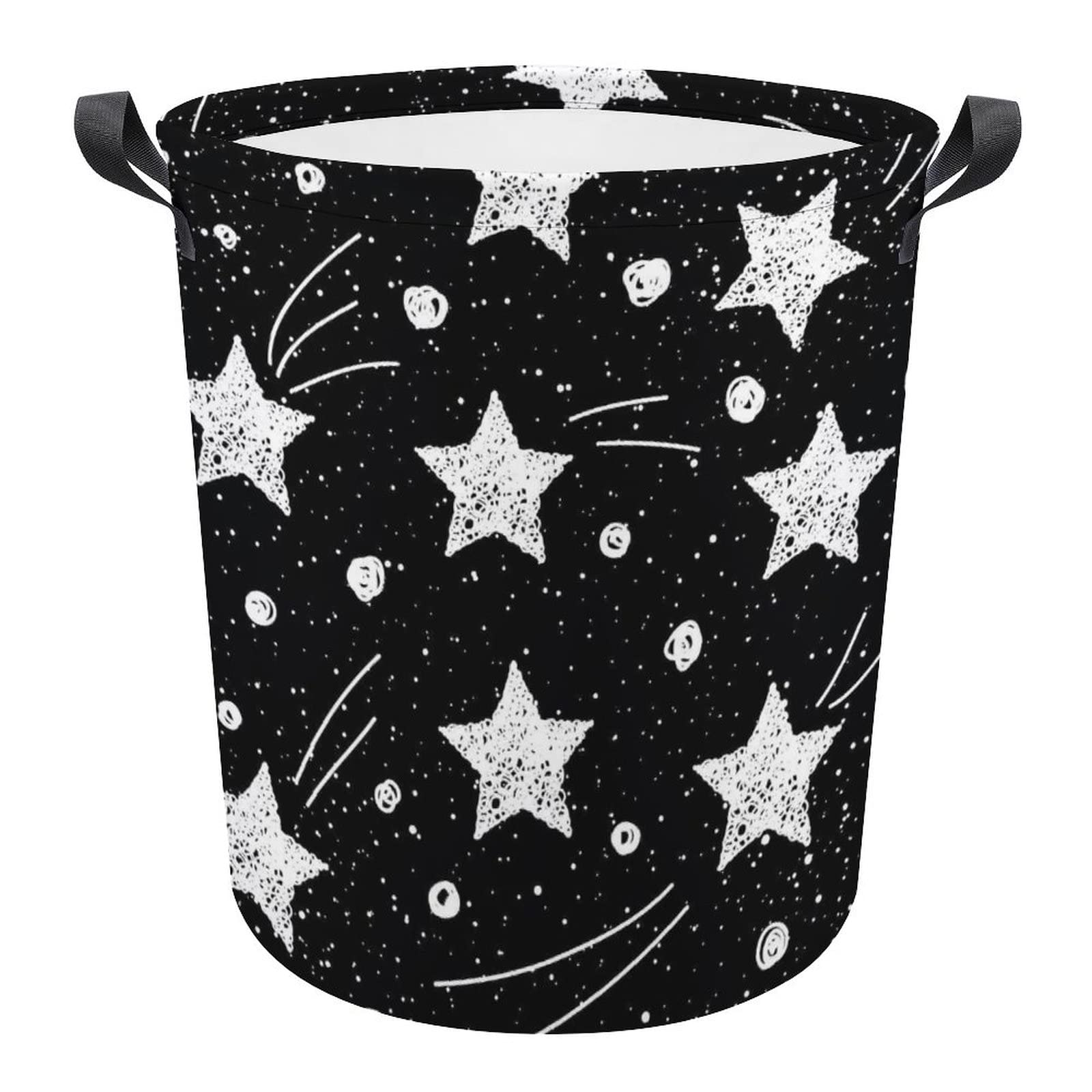 White Doodle Stars Circles with Black Galaxy Space Background Collapsible Waterproof Laundry Hamper, Lightweight Washing Basket Bin Storage Organizer Bucket with Handles for Toys Clothes