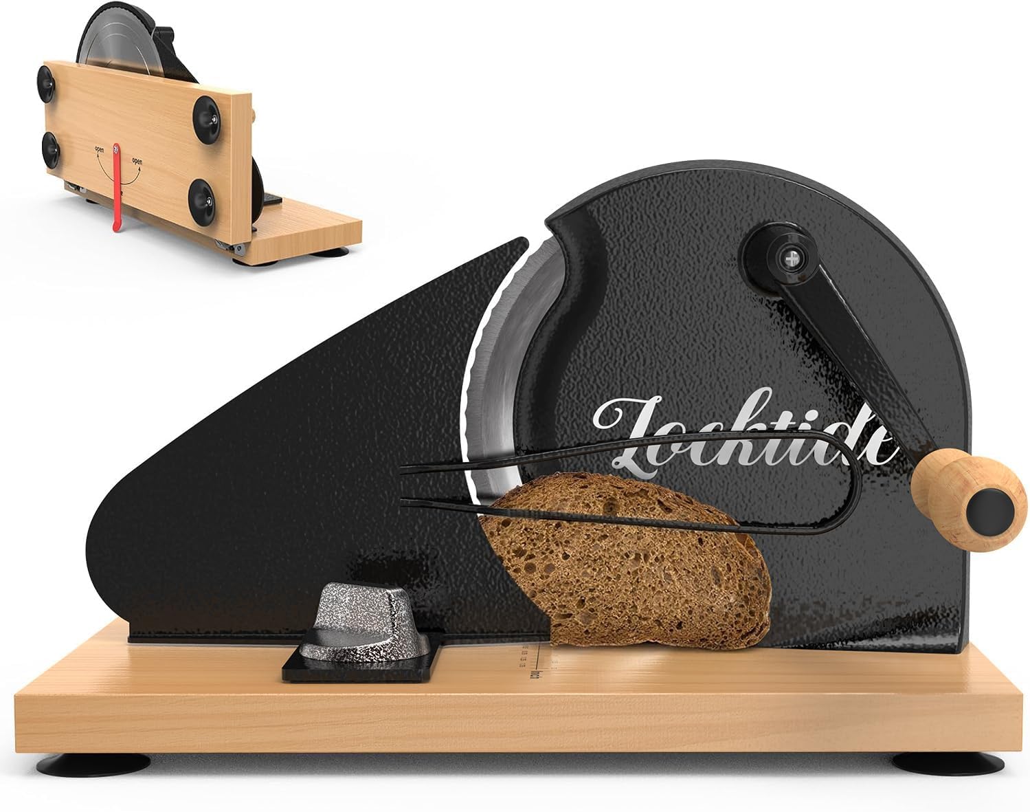 Foldable Extra Large Manual Bread Slicer for Sourdough Bread - Adjustable Thickness & Evenly Slice, with Knob and Scale, Folding Woodbase, Suction Cups and Bread Guide for Bagel, Sandwiches, Toast