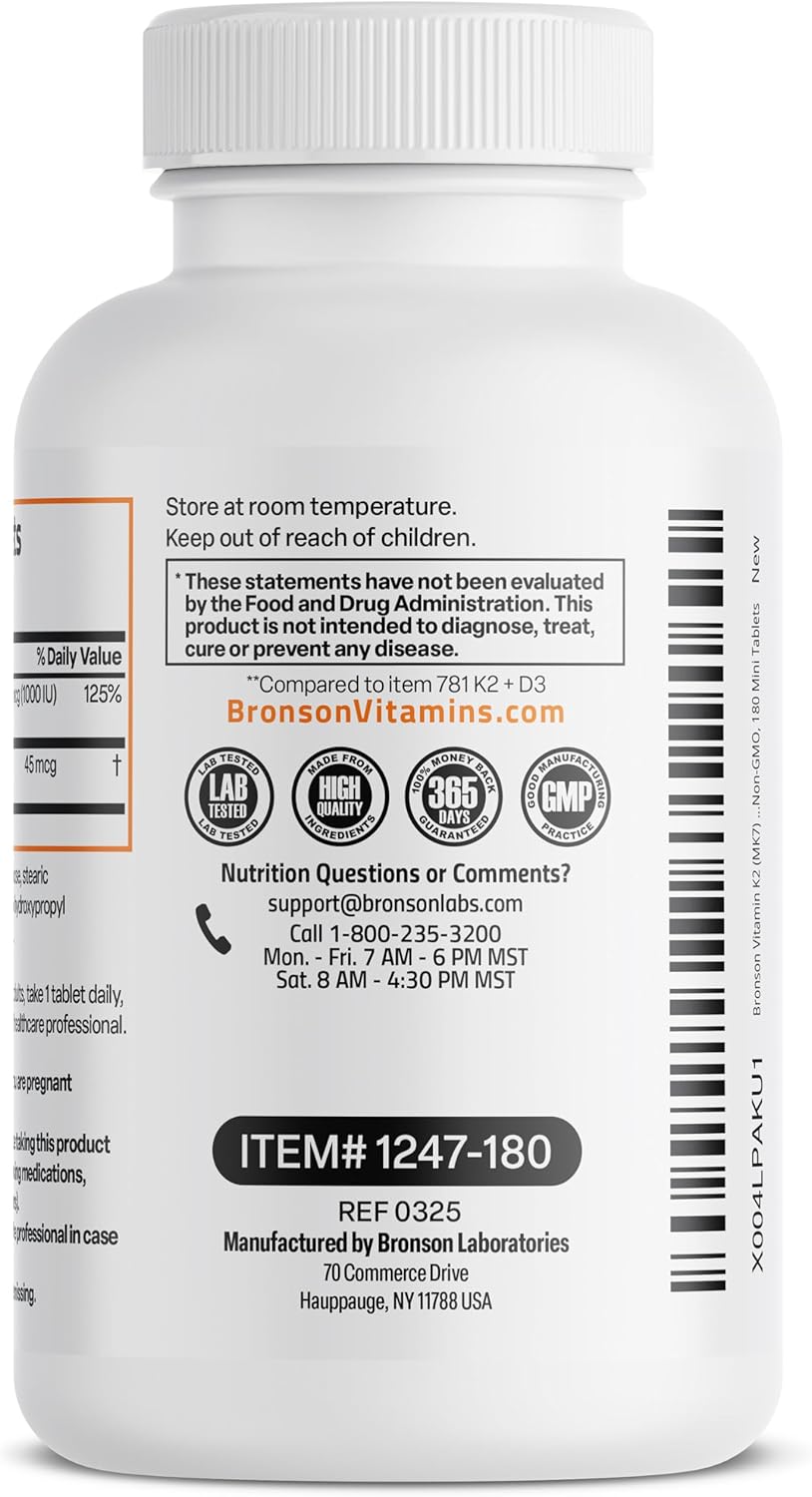 Bronson Vitamin K2 (MK7) with D3 Lower Dose 45mcg Vitamin K2 & 1000 IU Vitamin D3 Easy to Swallow Daily Maintenance 2 in 1 Formula Non-GMO, 180 Mini Tablets