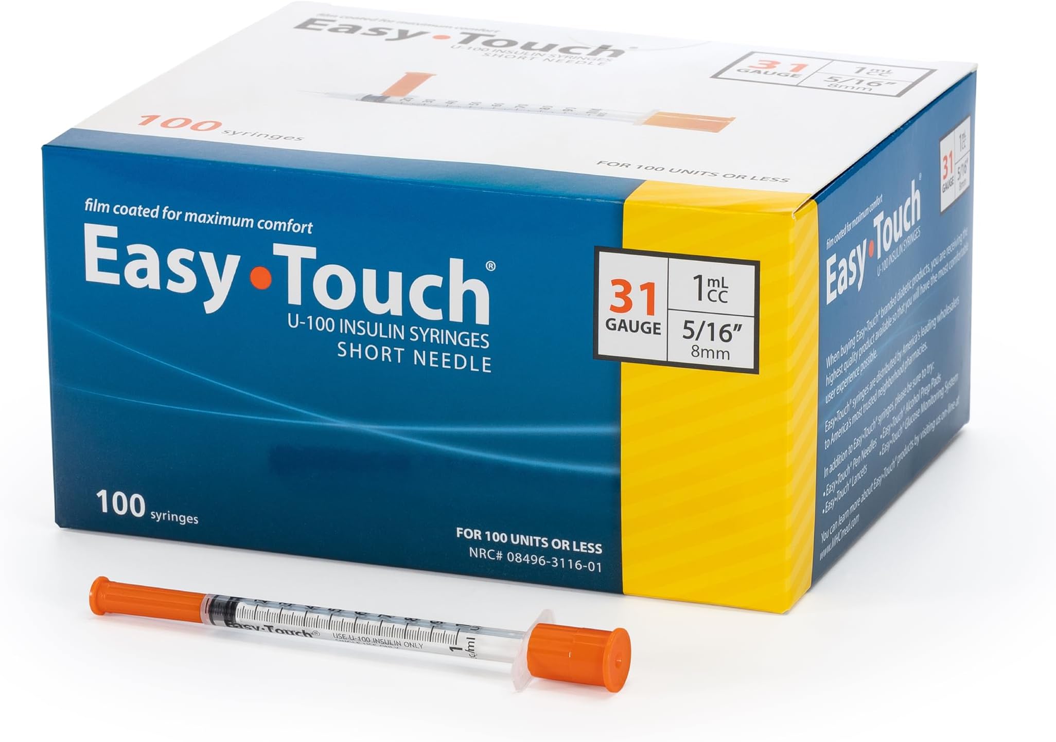 Easy Touch 31 Gauge U-100 Insulin Syringes (31G 1cc 5/16”) with 5/16” Short Needle, 1cc (100 Unit Capacity), Bold Markings for Accurate Dosing, Disposable, Box of 100