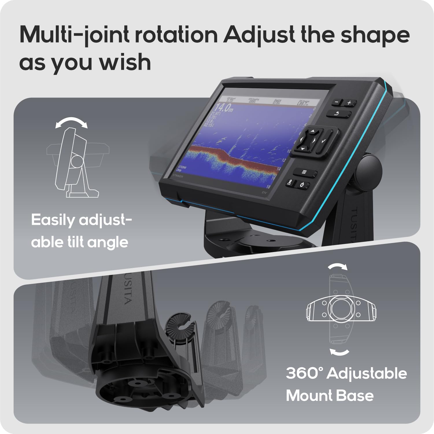 TUSITA Fish Finder - Staffa e manopole per giunto cardanico inclinabile/girevole, compatibile con Garmin Striker 5cv 5dv 7cv 7dv 7sv, Vivid 5cv 7cv 7sv, ECHOMAP UHD2 5" 7" cv 010-12439-01