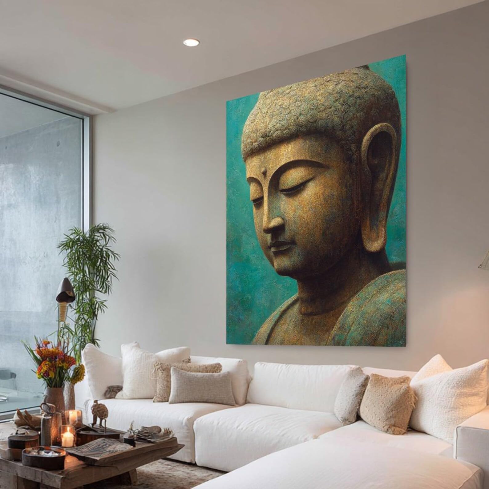 Large Buddha Art Work, Portrait Buddhism Painting, Spiritual Room Decor, Canvas Print For Yoga Horizontal Bed Decor(50x70cm/Inner Frame)