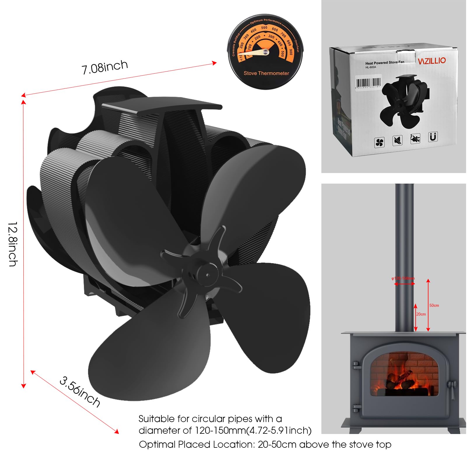 Magnetisch Kaminventilator 4 Flügel Ofenventilator Ohne Strom Leiser Kaminlüfter für Kamin/Ofen/Holz/Ofenrohr Mit 2pcs Magnete & Ersatzring & Temperaturbalken