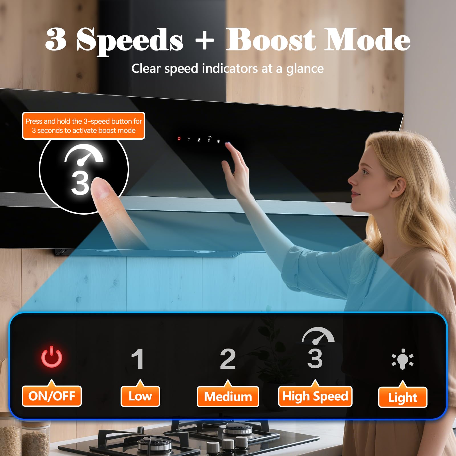SNDOAS 90cm Cooker Hood, A+++ Wall Mounted Extractor Hood with DC Motor, 450 m³/h, 3 Speed & Booster, Touch Control and Recirculating & Ducting System for Kitchen Extractor Fan, Tempered Glass, LED — view 5