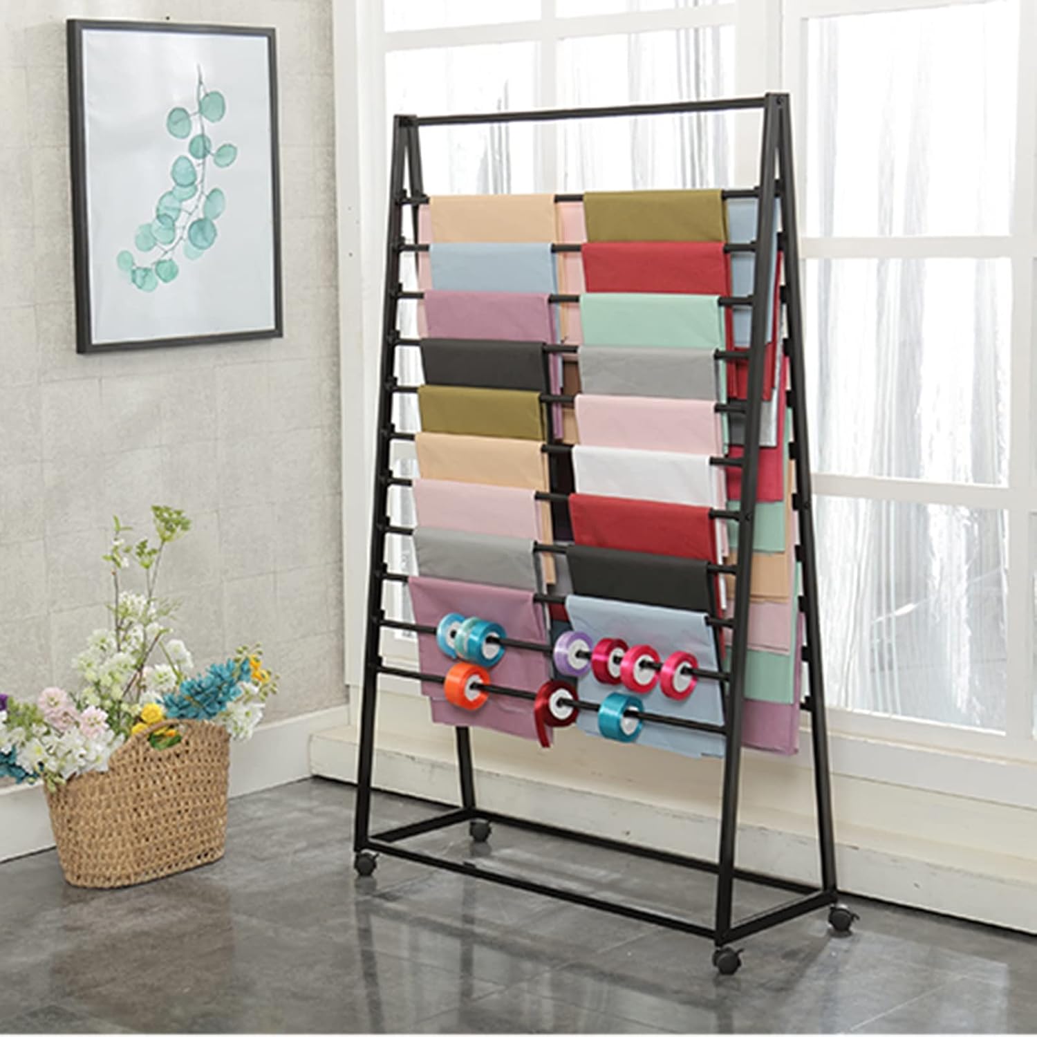 Rolling Wrapping Paper Holder Organizer with Locking Wheels, Double-Sided Muti-Later Display Stand Rack for Dishtowels/Silk Scarf/Hijab/Shawls,White 80x40x120cm