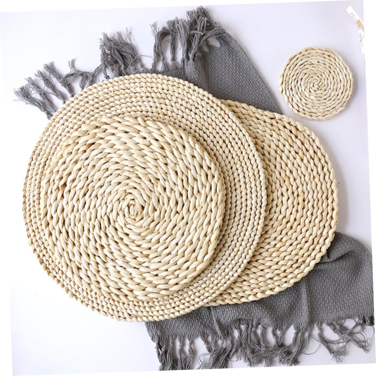 8 pièces Set de Dessous Plats Ronds Paille Naturelle Épais et Isolants Thermiques Protège Table pour Tasses Bols Assiettes Beige de Chaque