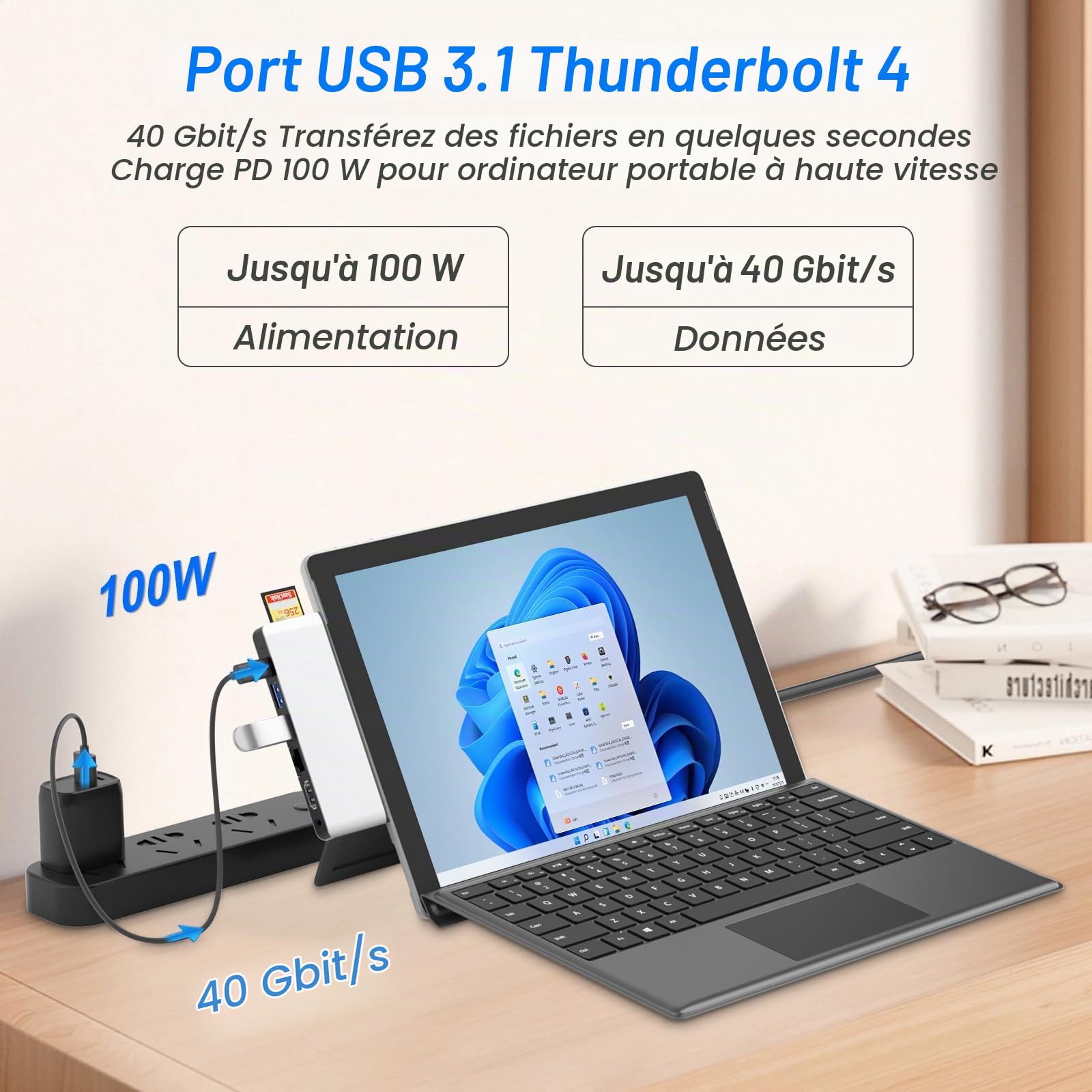 Surface Pro 11/10/9 Docking Station avec HDMI 4K, USB C Thunderbolt 4(vidéo 8K@30Hz+données 40Gbps+PD 100W), RJ45, 2*USB 3.0, Audio, Fente pour Carte SD/TF pour Surface Pro 11/10/9