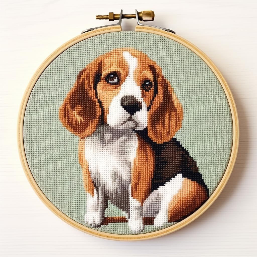 Beagle Dog DIY Stamped Cross Stitch Kits for Beginners Easy with Hoop 11CT Needlepoint Embroidery Counted Cross Stitch Kits Art Craft Wall Decoration 35x35cm(3)