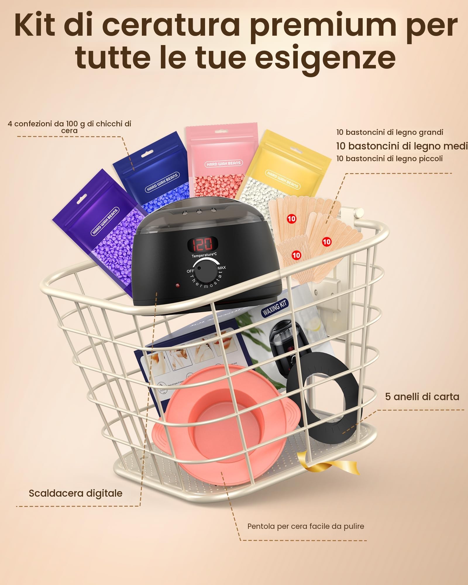 IFANZETECH Scaldacera Cera Brasiliana Kit, Scaldacera con Temperatura Display Digitale LCD, 400g Ceretta Brasiliana, 30 Spatole, 1 Pentola Silicio, Depilazione Per Uomo e Donna