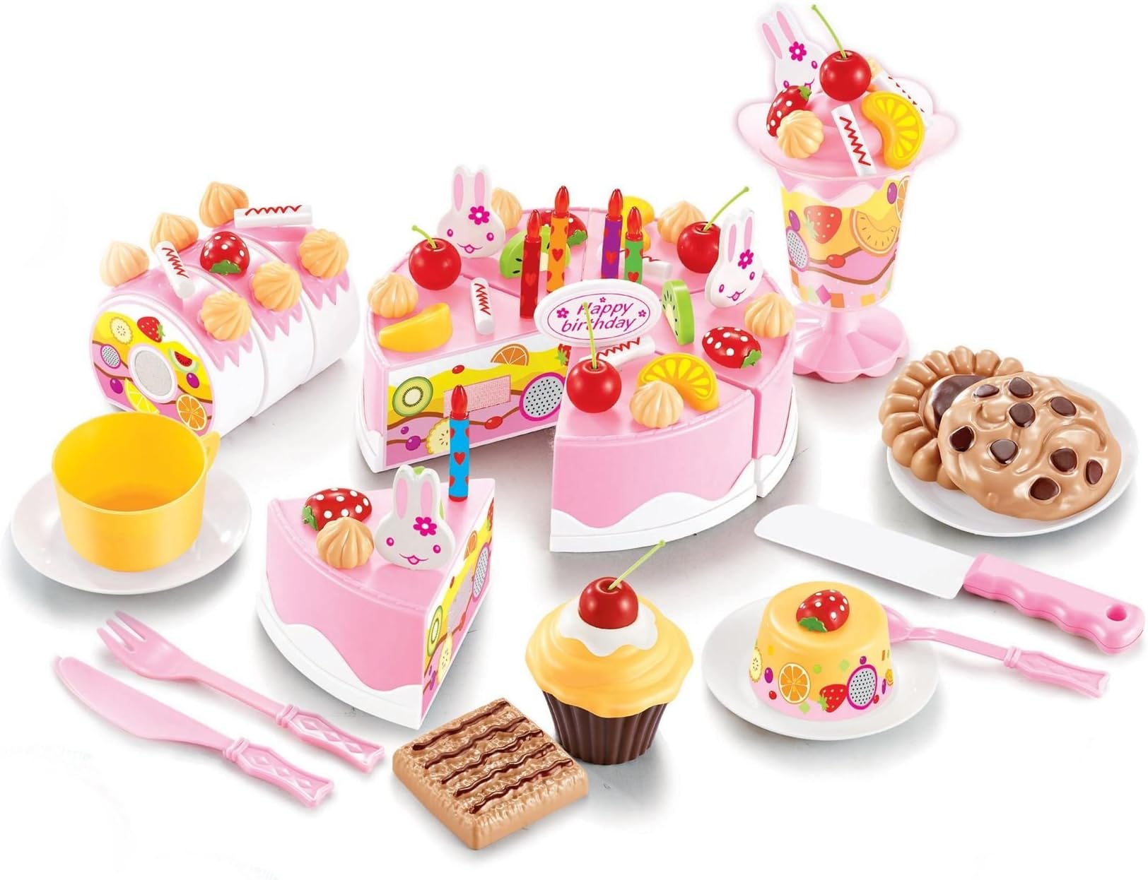 SOKA® 75pc Birthday Cream Fruit Cake Kids Childrens Pretend Play Party Cake Set PINK