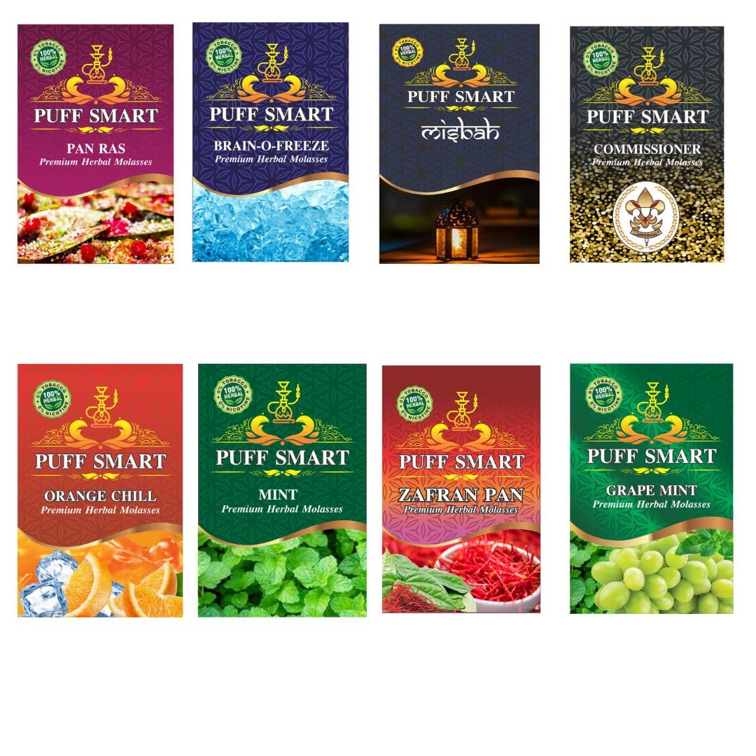 PUFF SMART Herbal Pan Ras, Brain-O-Freeze, Misbah, Comm, Orange, Mint, Zafran Pan and Grape Flavor Combo Set of 8 (100% Nicotine and Tobacco Free)-image-33