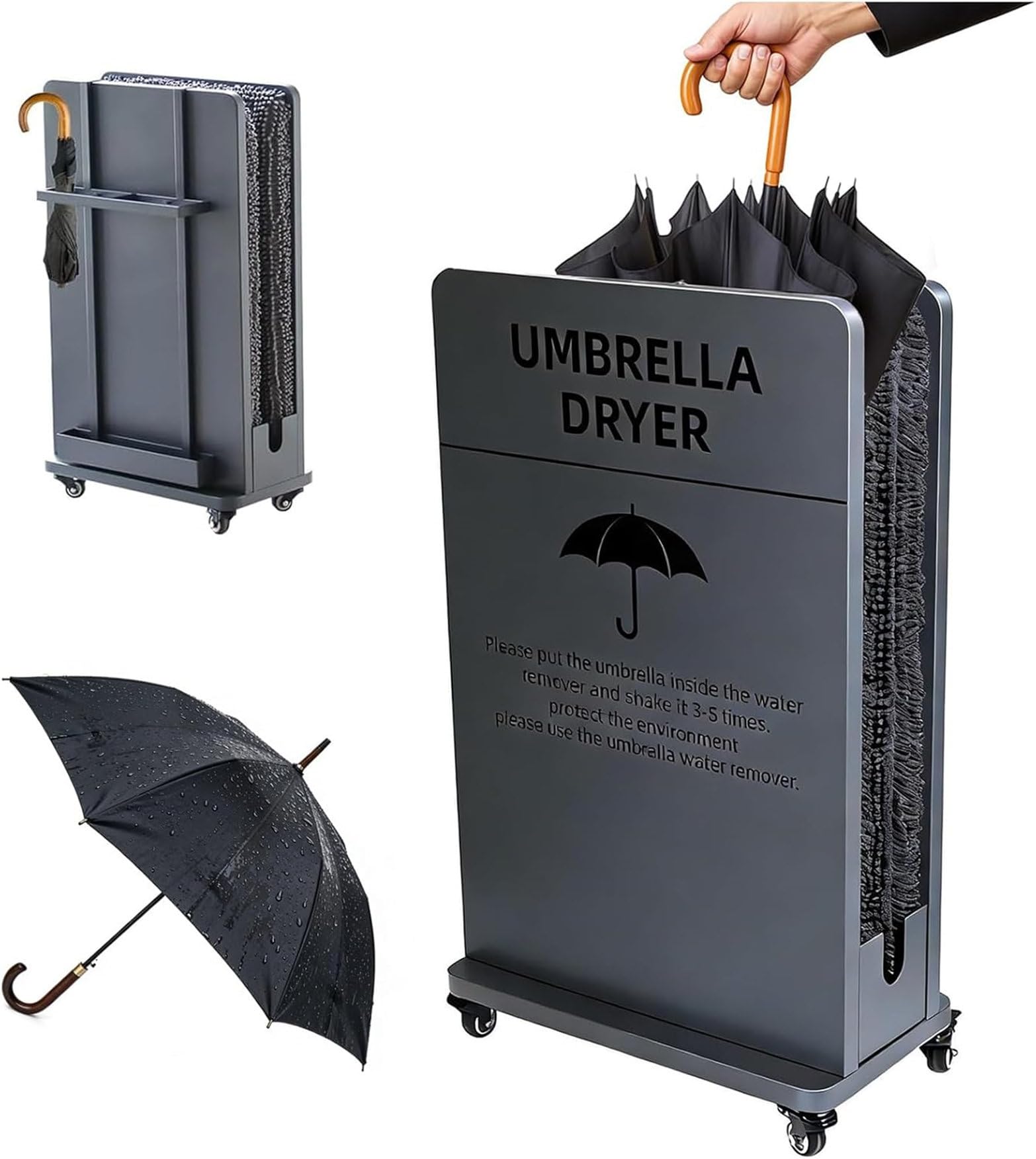 Nuxyyds 2-in-1 Umbrella Dryer Stand, Wet Umbrella Dryer with Removable Water Tray and 4 Casters, Umbrella Drip Catcher Machine, Efficient Rainwater Removal for Hotels, Malls, and Schools Grey