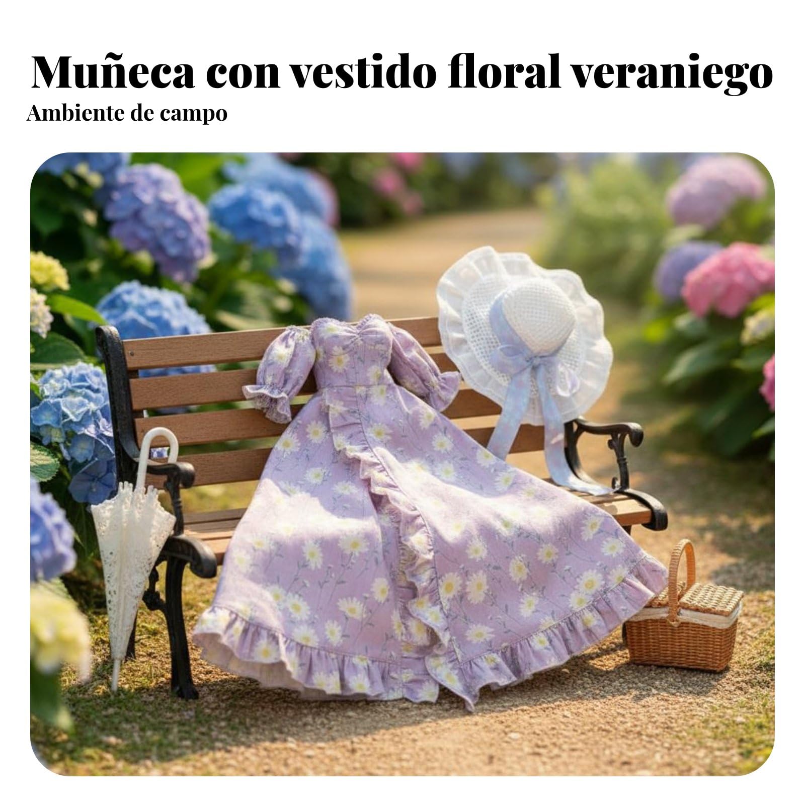 Sharplace Vestido Bjd Muñeca Conjunto Ropa Traje Vestimenta Diseño Romántico con Flores en y Mangas Abullonadas Sombrero y Collar Adecuado para Muñecas Articuladas 60cm Colección Juego Decoración