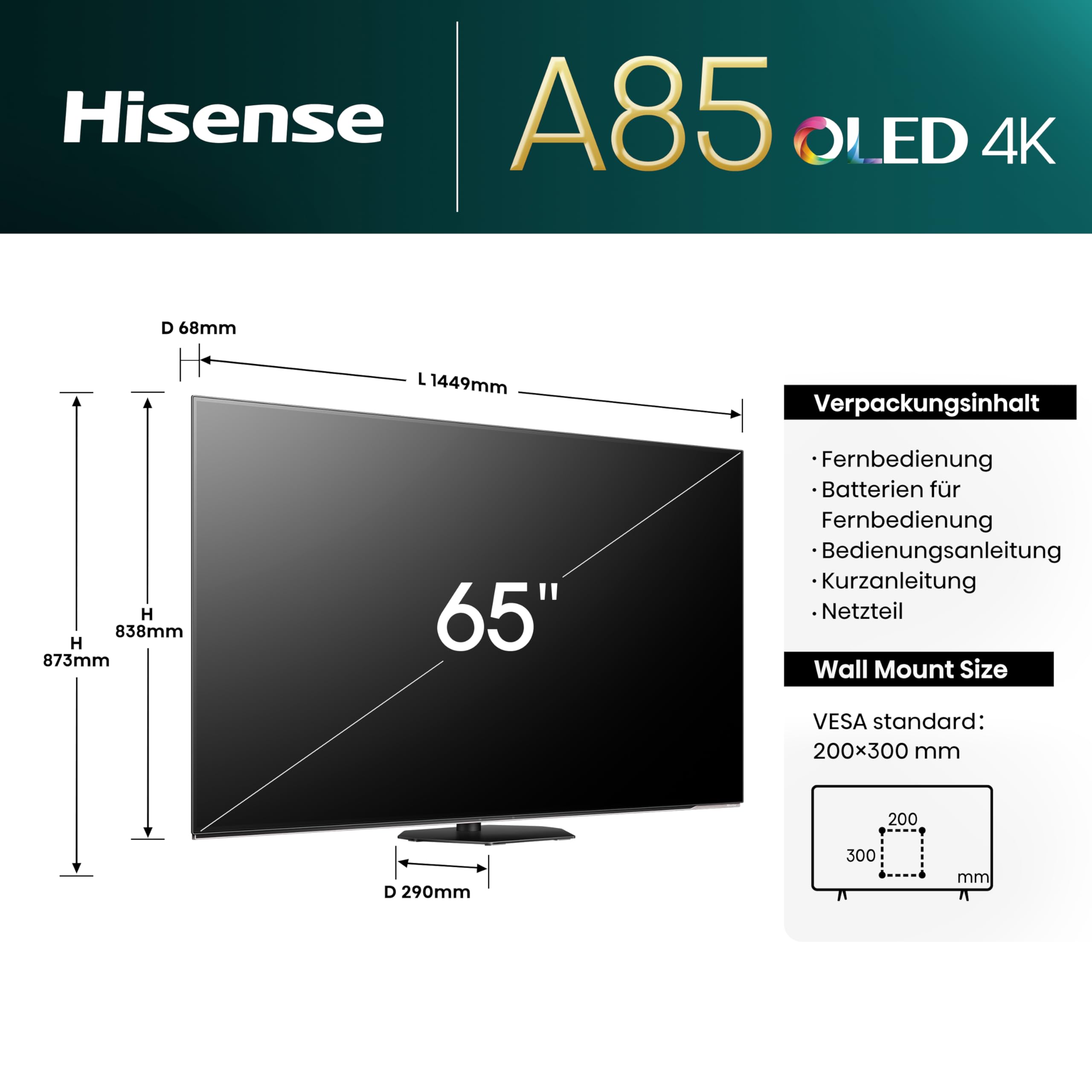 Hisense 65A85N 164cm (65 Zoll) Fernseher, 4K UHD OLED Smart TV,120Hz, HDMI 2.1, Game Mode Pro, AMD FreeSync Premium, Dolby Vision IQ & Atmos, Bluetooth, Alexa Built-in, Schwarz, [2024]