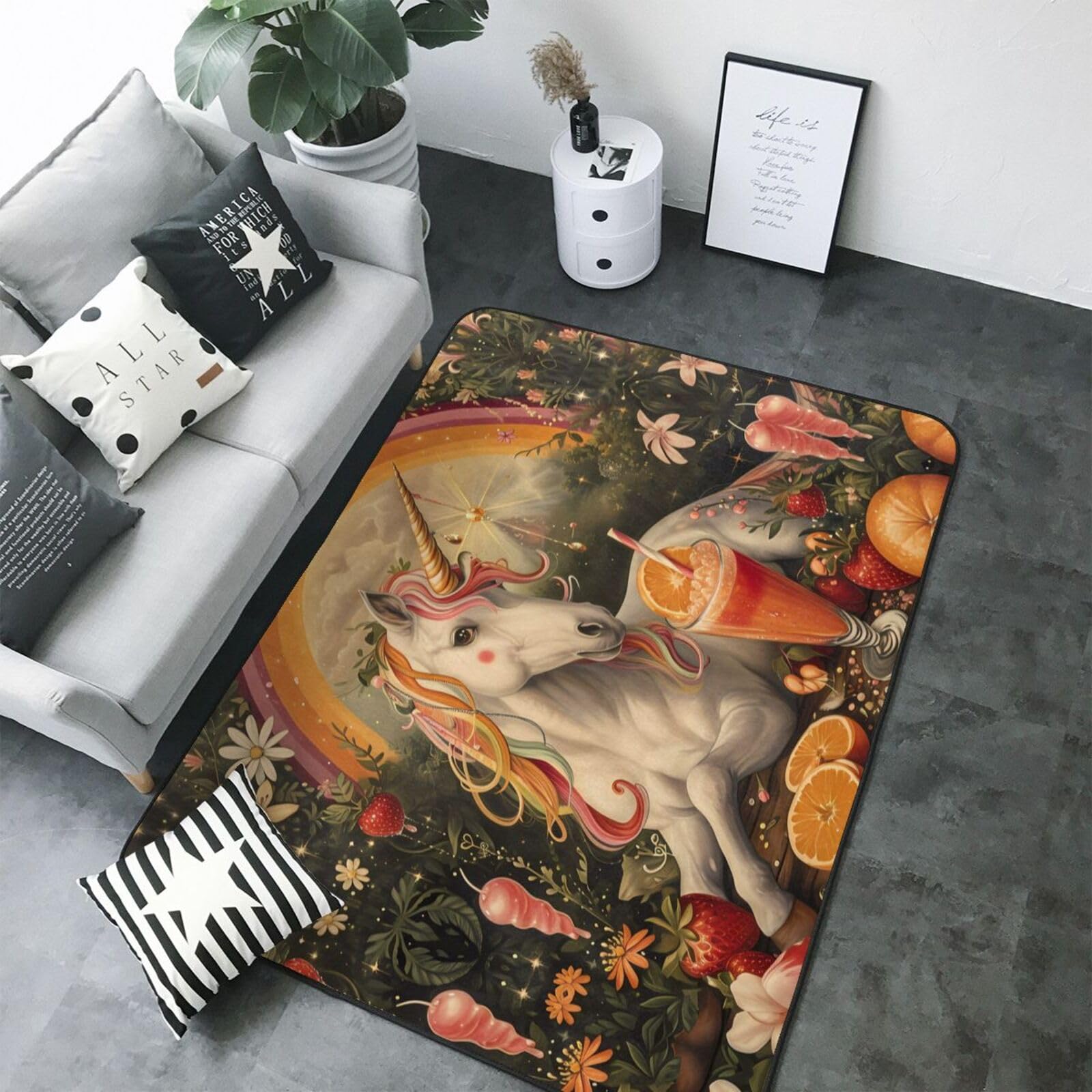 Tapis lavable doux au toucher motif chevaux blancs et fruits 123x177 cm