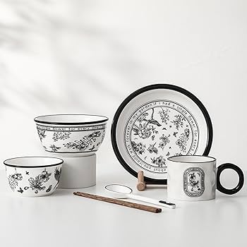 黒と白の花柄陶器食器セット 黒と白の花柄陶器食器セット