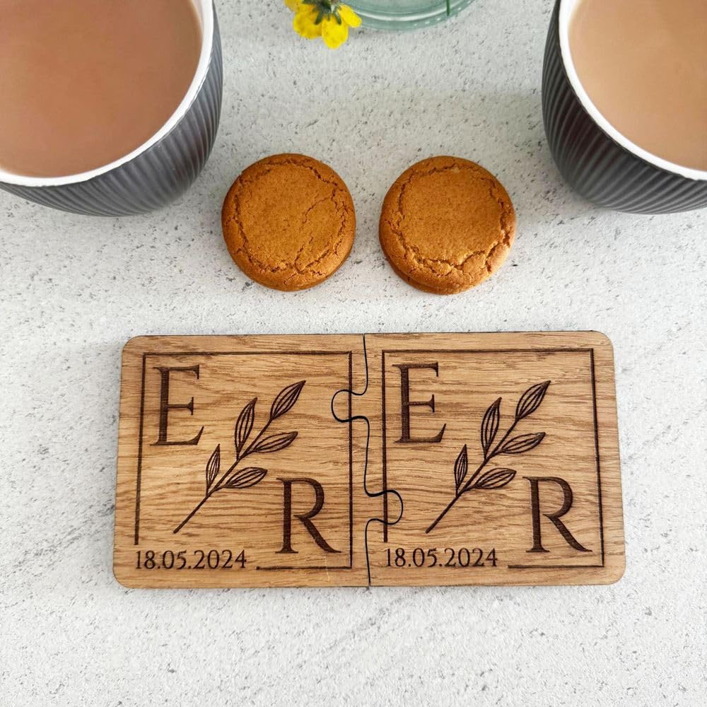 Personalised Engraved Couples Coaster Set with Initials Date, Wooden Coaster, His Her Gift, Mr Mrs Gift, Anniversary Wedding Gift, Set of 2
