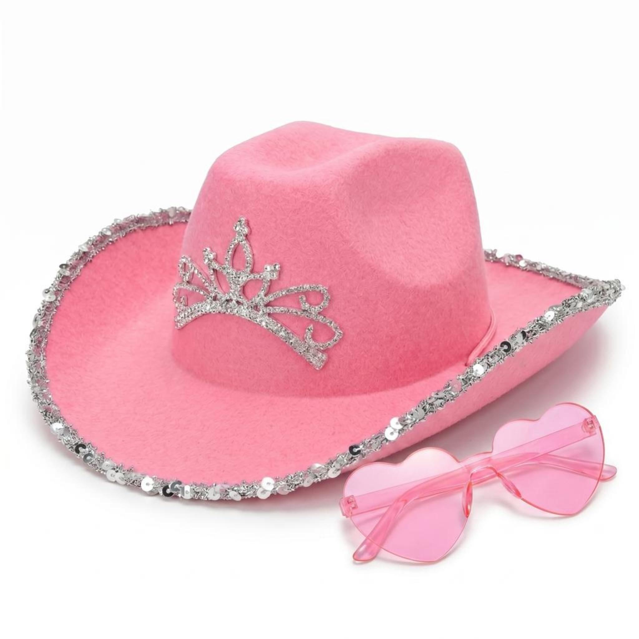 2pc Girls Pink Cowboy Hat and Heart Glasses for Childrens Western Fancy Dress - Kids Sparkly Pink Cowgirl Hat and Heart Shaped Glasses Cowgirl Accessories for Girls Cow Girl Wild West Fancy Dress