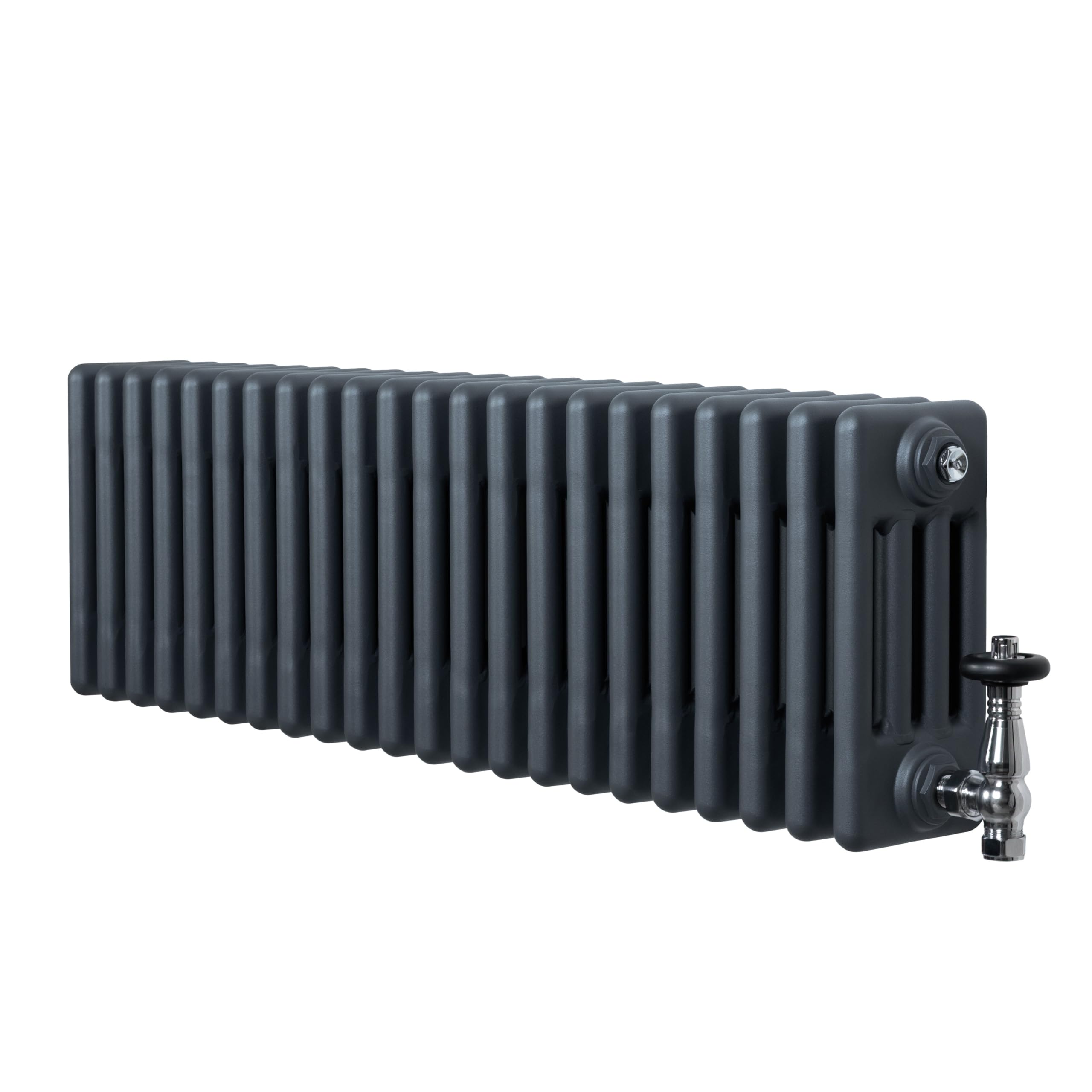 Radiador Horizontal 4 Columnas Gris Antracita 300x1010 mm con Válvulas Termostáticas – Radiador Tradicional de Acero, 1114W, Calefacción Eficiente | Incluye Soportes, Kit y Cepillo – Garantía 15 Años