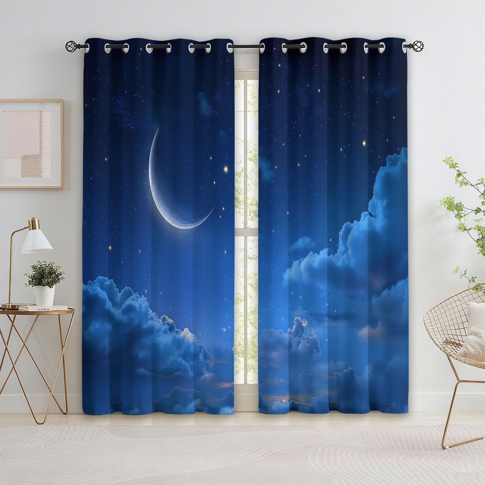 Rideau Occultant Bleu, Ciel Étoilé Croissant Nuages Rideaux à Oeillets, Rideau Thermique Isolant Anti Froid et Chaleur pour Salon Chambre Chambre D'enfants Fenetre Décoration 92L x 214H cm Lot de 2