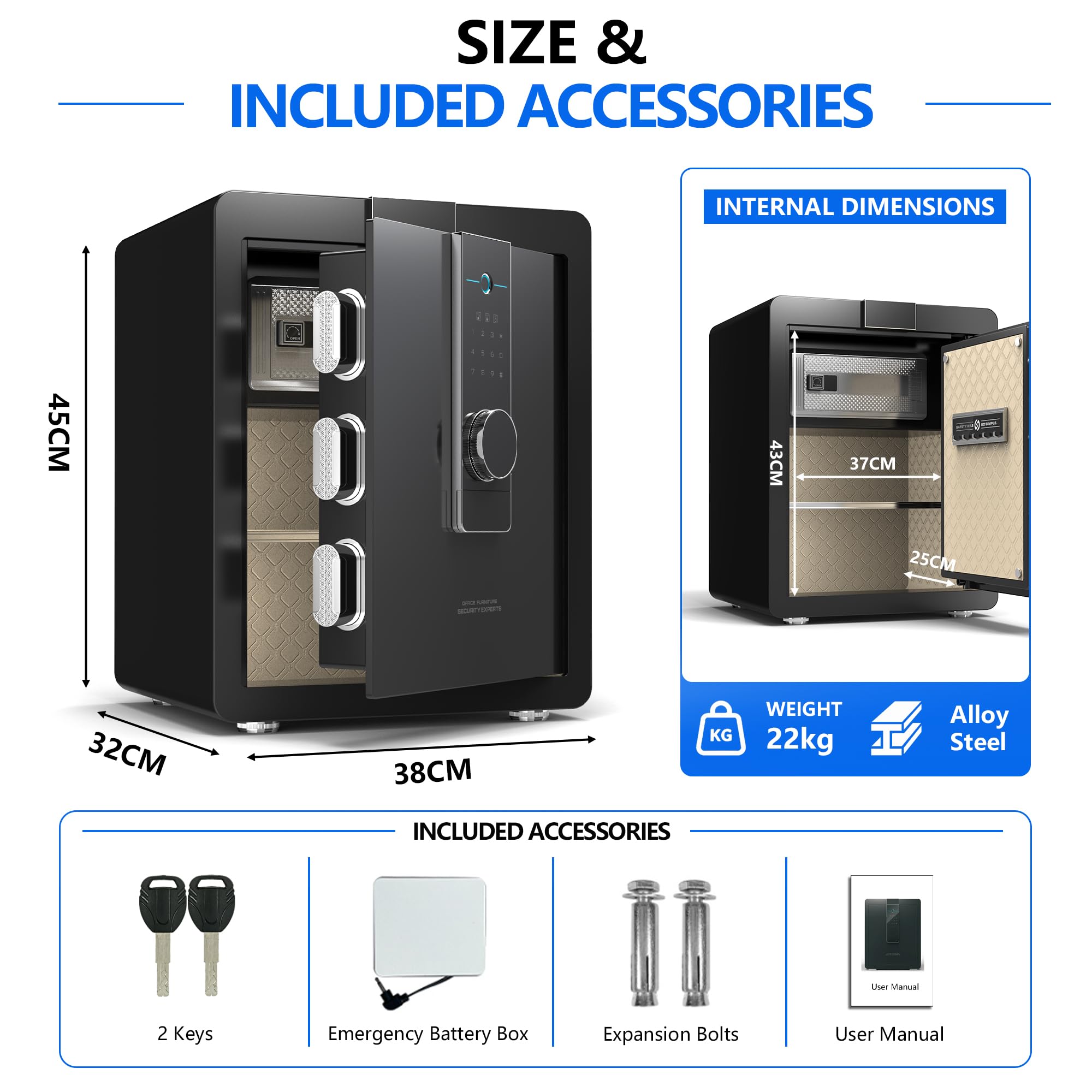 Caja fuerte grande y pesada de 22 kg, gabinete de seguridad de acero de aleación de 52 litros con teclado biométrico, digital y cerradura de llave, montaje en pared, almacenamiento para el hogar